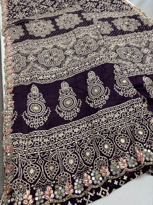 Zehra : Burgundy Modal Silk Ajrakh Saree with Hand Embroidery Saree image 0