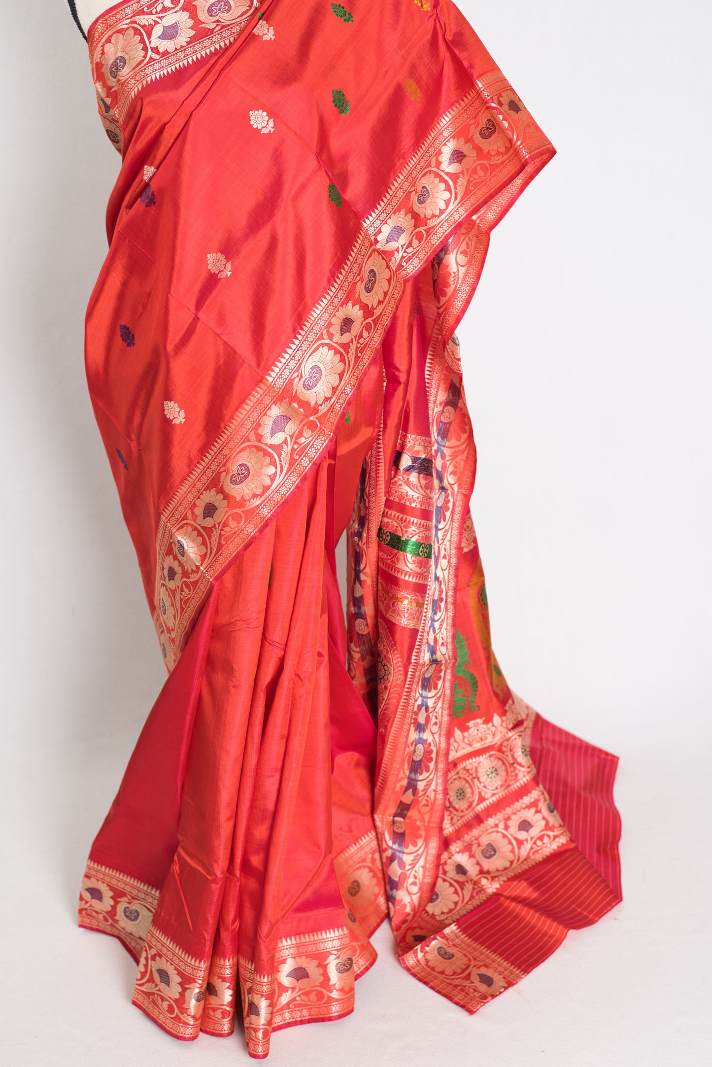 Aarna : Traditional Revival Baluchari Silk Saree from Bengal in Orangish Red image 6