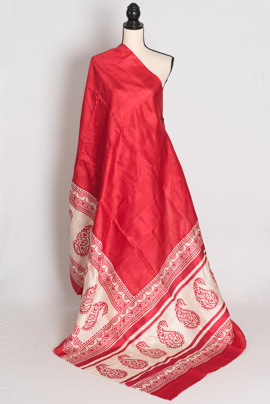 Kasturi : Red and White Hand Block Printed Murshidabad Silk Saree image 1