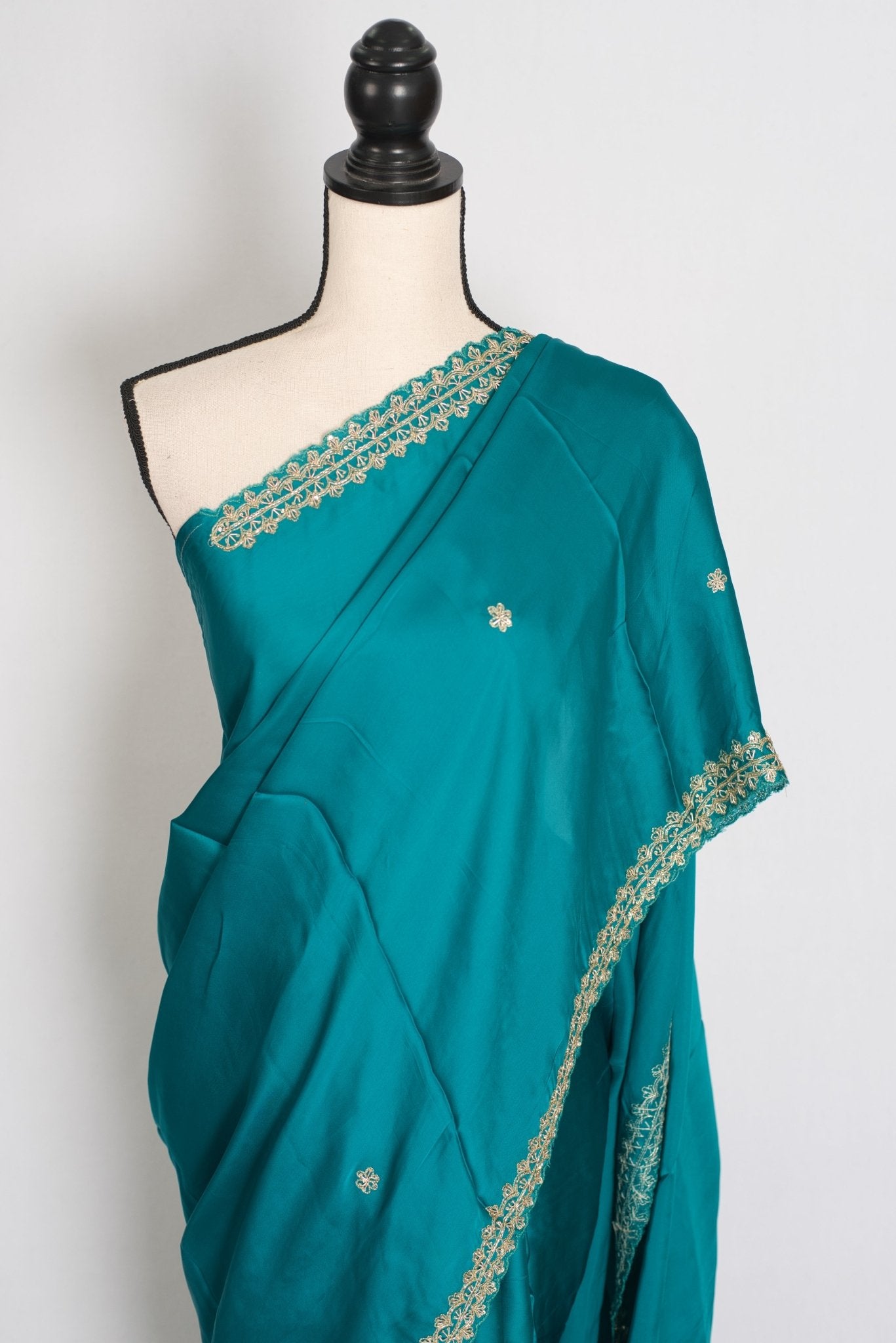 Arifa: Rama Green Satin Saree with Zardosi Work | Size 38 Blouse - Saree Mandi