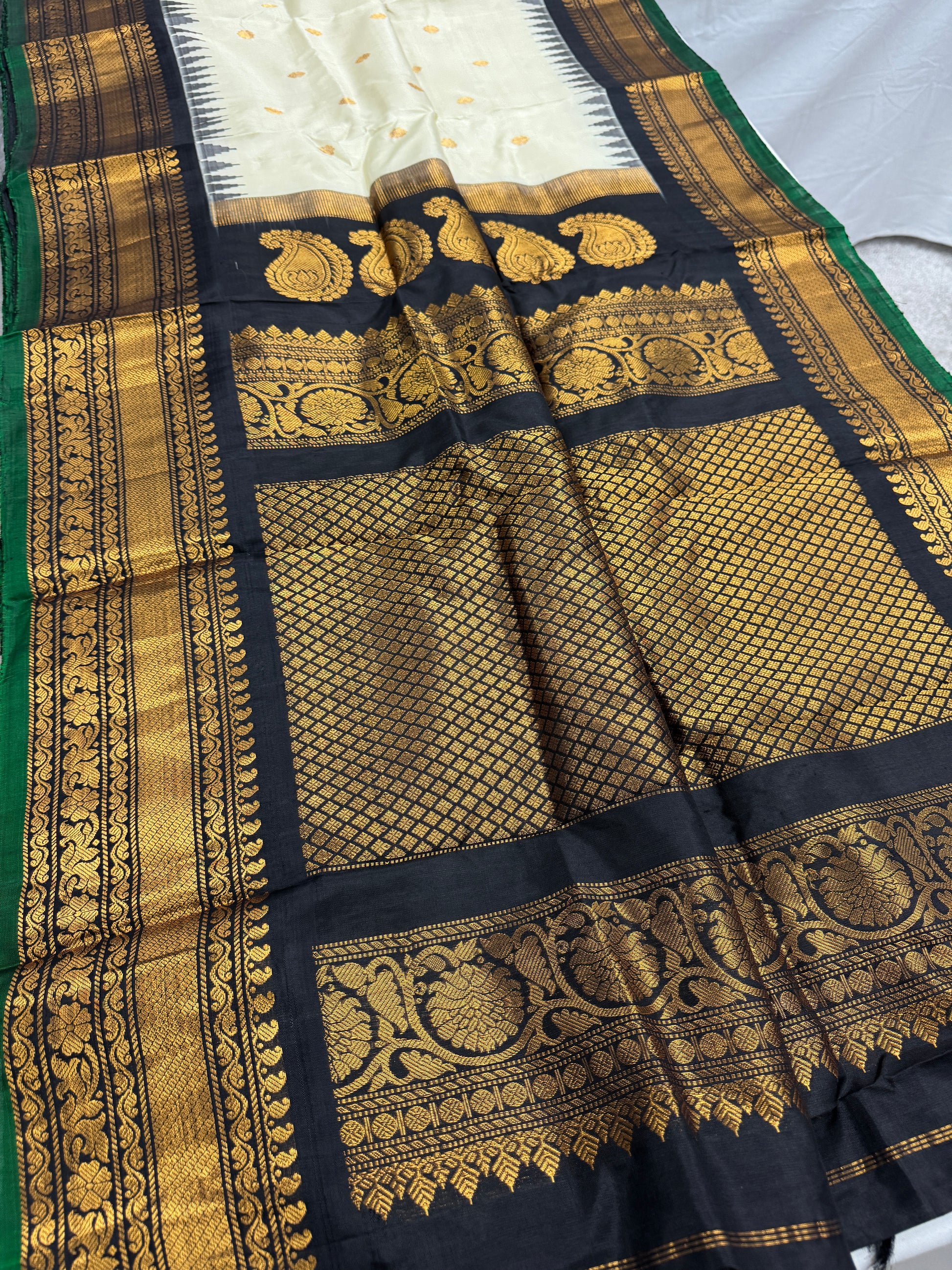 Indira : Silk Mark Certified Gadwal Silk Saree in Cream and Black image 6