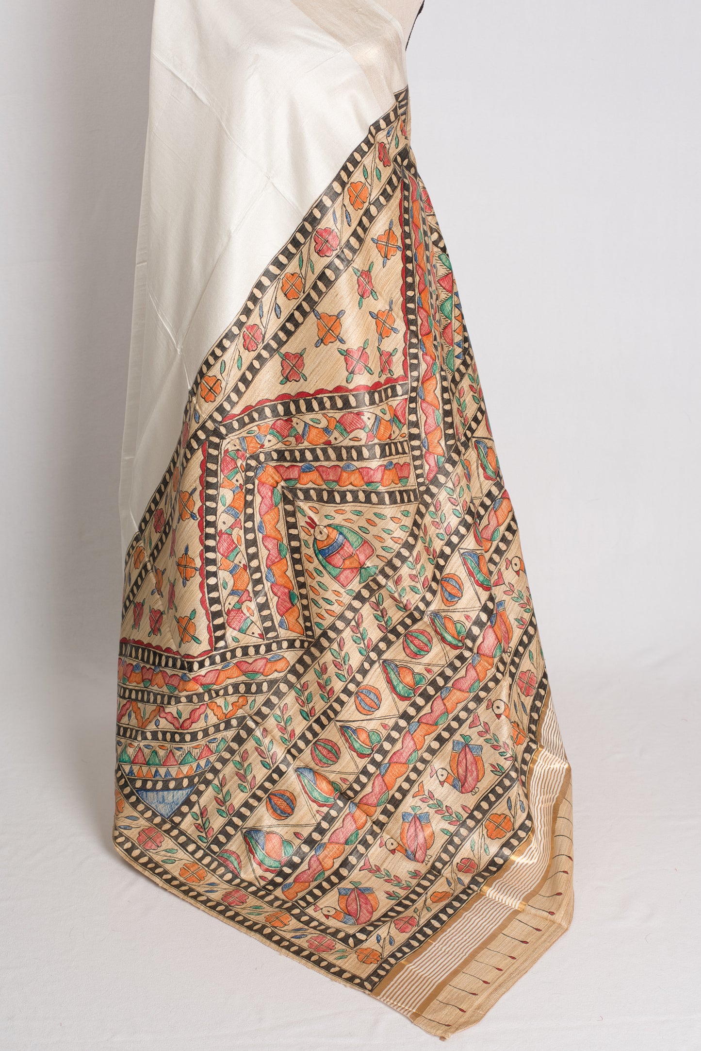 Shwetraag - Hand-Painted Madhubani Staple Tussar Saree in Pristine White image 3