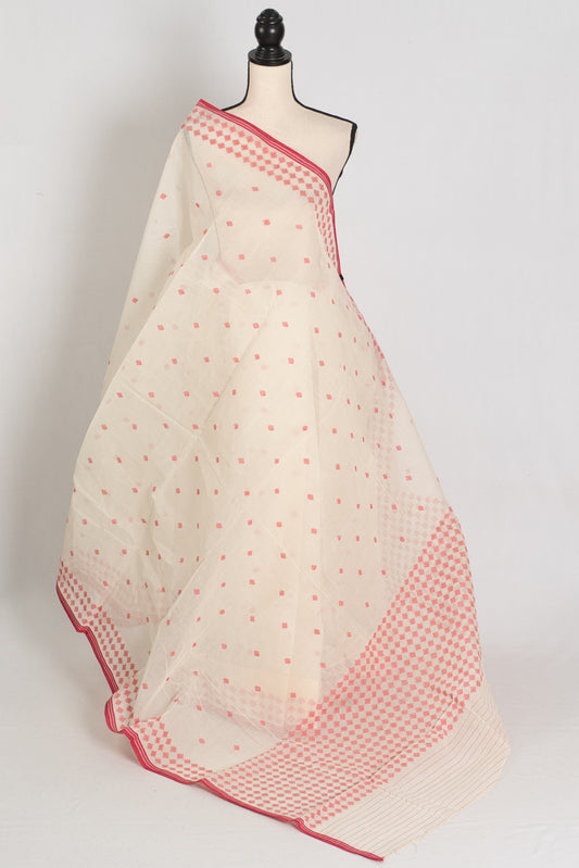Jamini | Traditional White & Red Bengal Cotton Jamdani Saree image 1