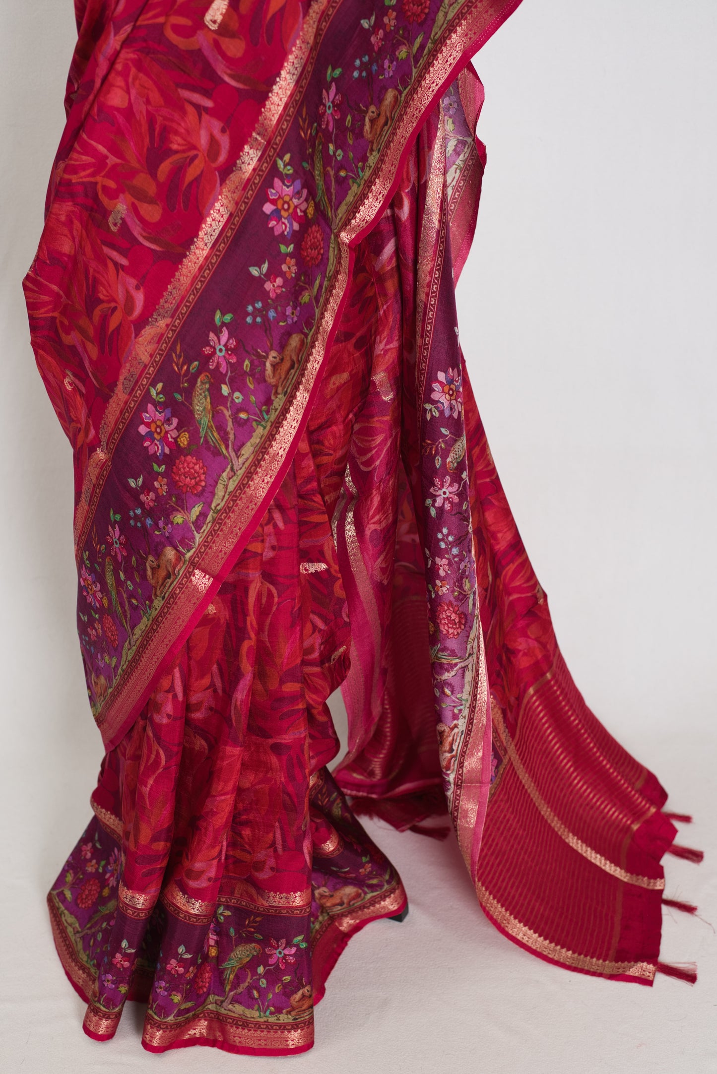 Stuti | Dark Rose Pink Dola Silk Banarasi Saree | Contrast Purple Floral Printed image 6