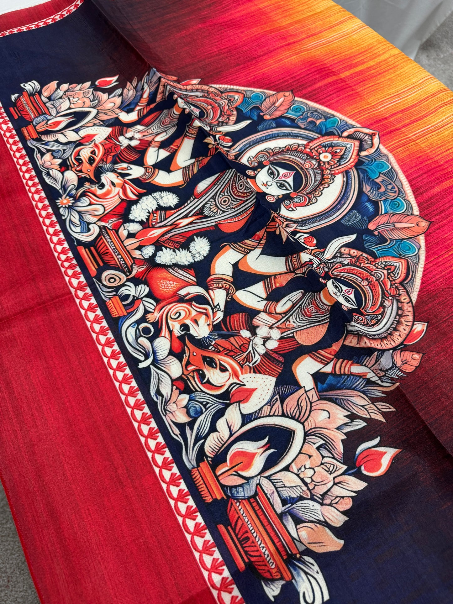 Anandita: Off-White and Red Semi Silk Printed Saree for Durga Puja image 1