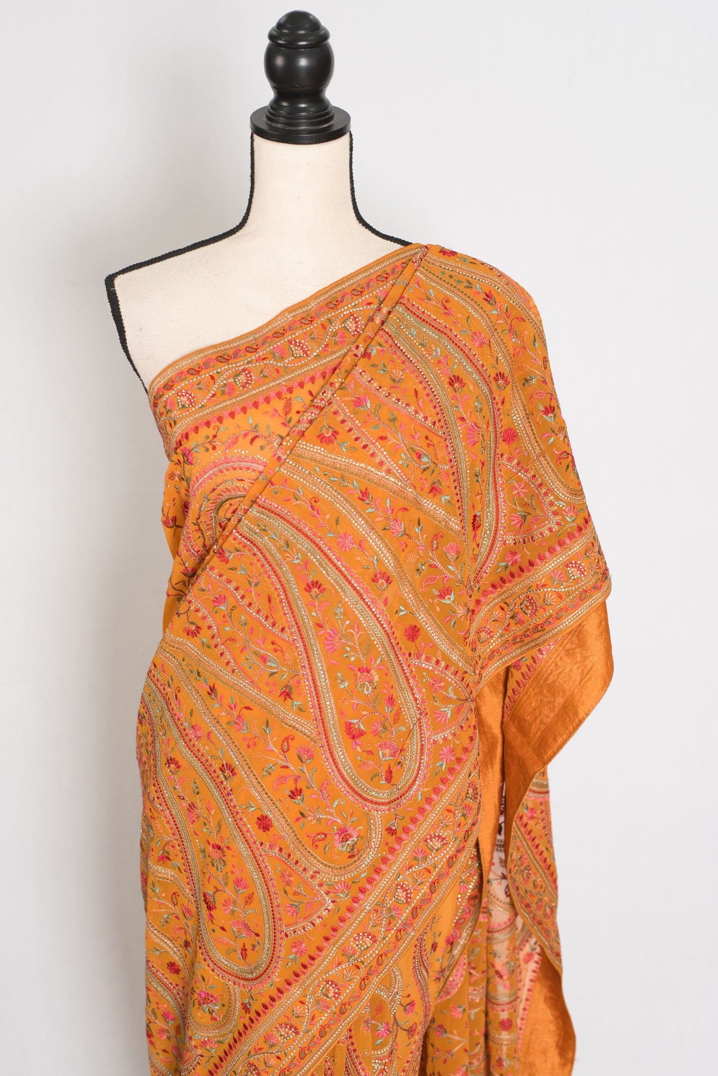 Haldi | Turmeric Yellow Georgette Saree | All-Over Kashmiri Embroidery image 7