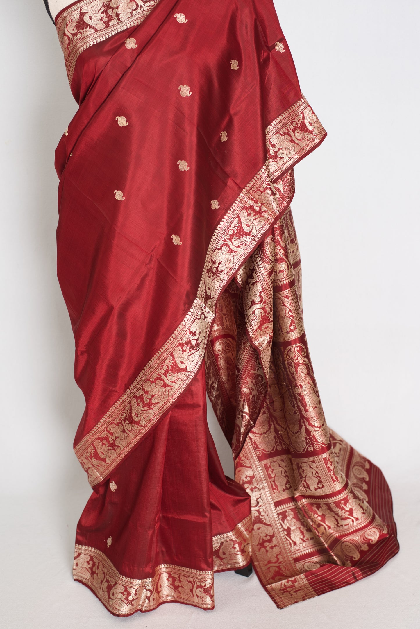 Pritha | Royal Maroon and Cream Handwoven Baluchari Pure Silk Saree image 6