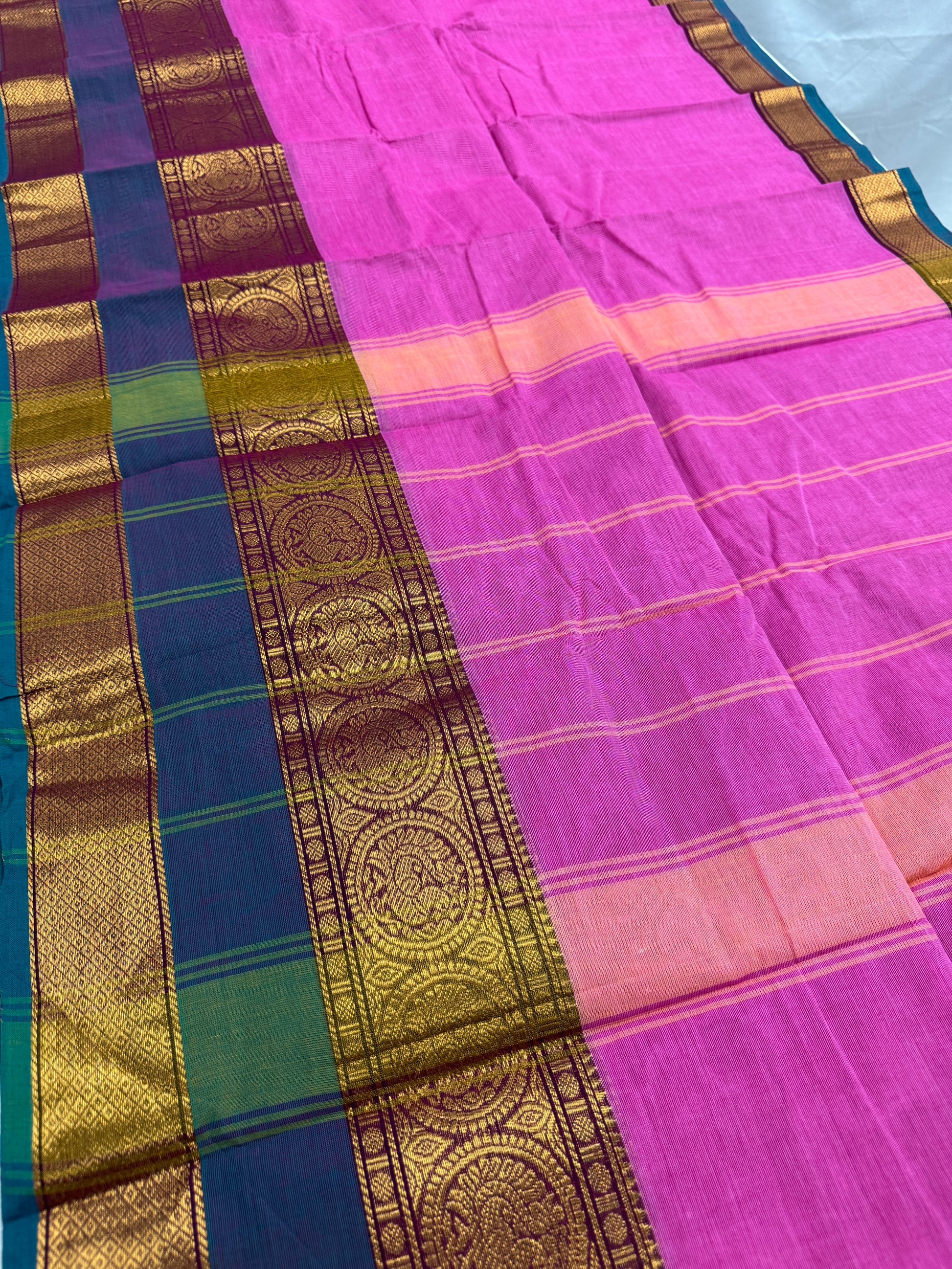 Abira : Handwoven Kanchi Cotton Saree in Pink and Peacock Blue image 2