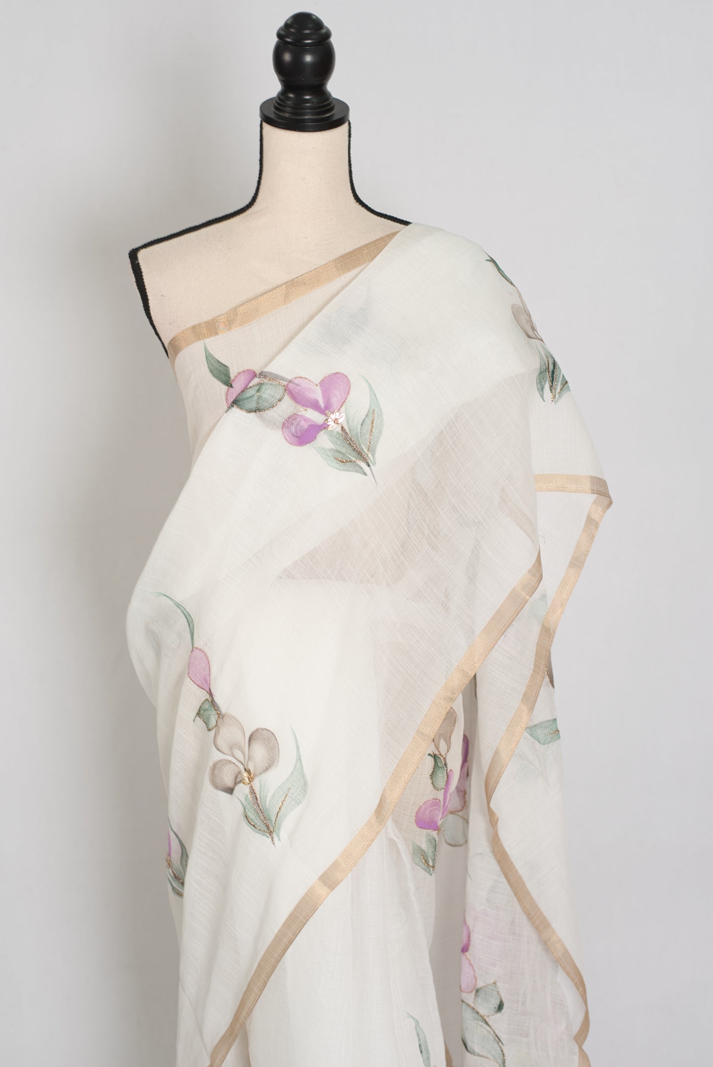 Sree | White Hand-Painted Cotton Saree | Floral Embroidery Highlights image 7