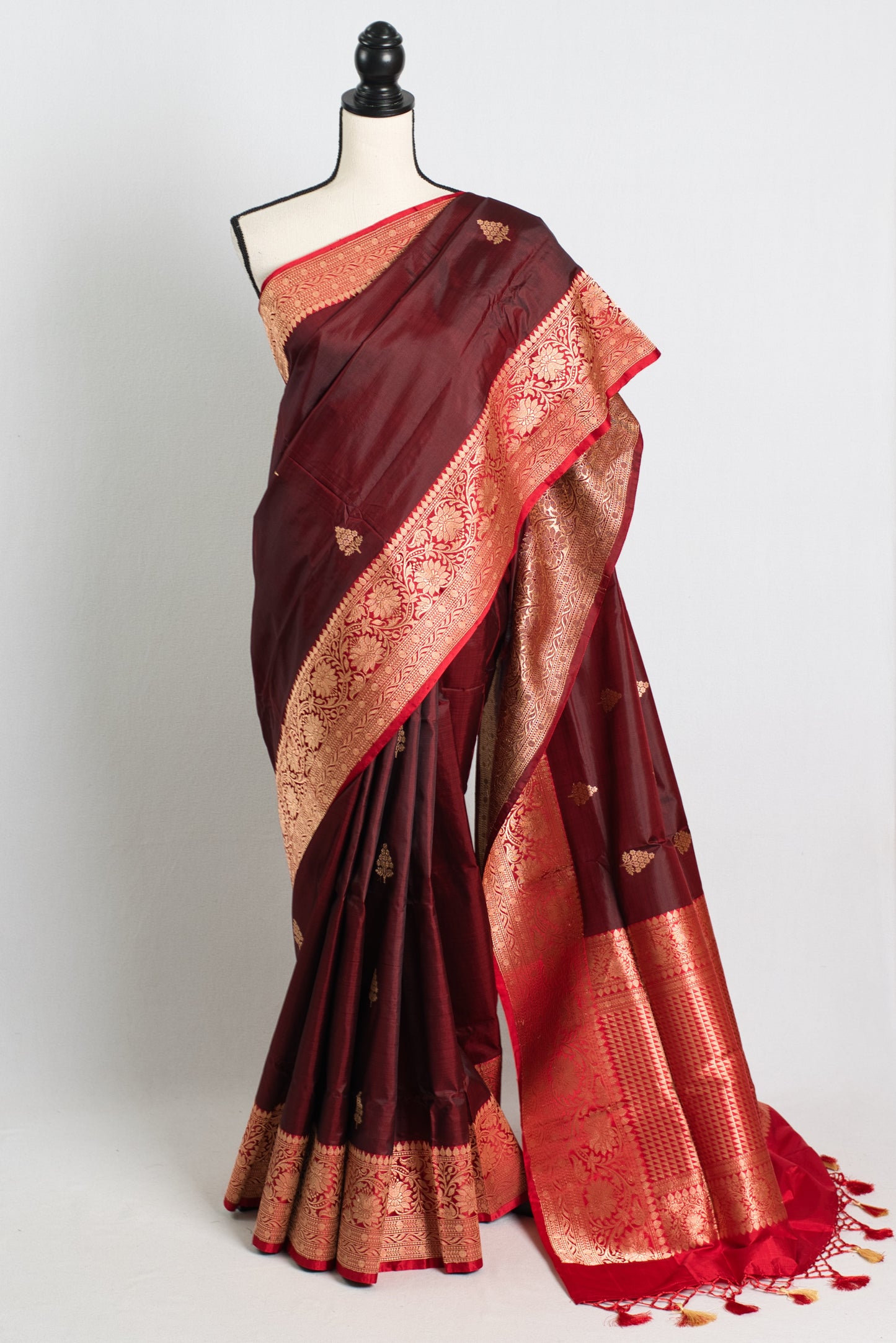 Silk Mark Certified Katan Silk Banarasi Saree with Red Contrast and Golden Zari.