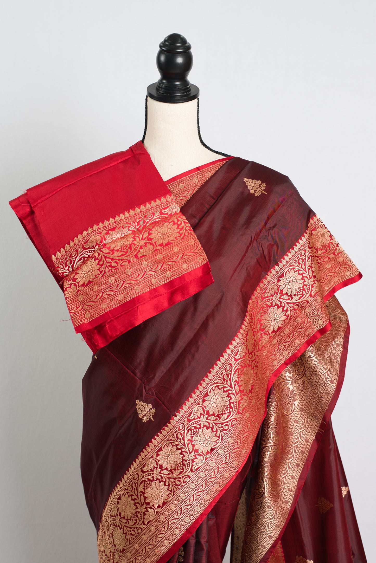 Silk Mark Certified Katan Silk Banarasi Saree with Red Contrast and Golden Zari.