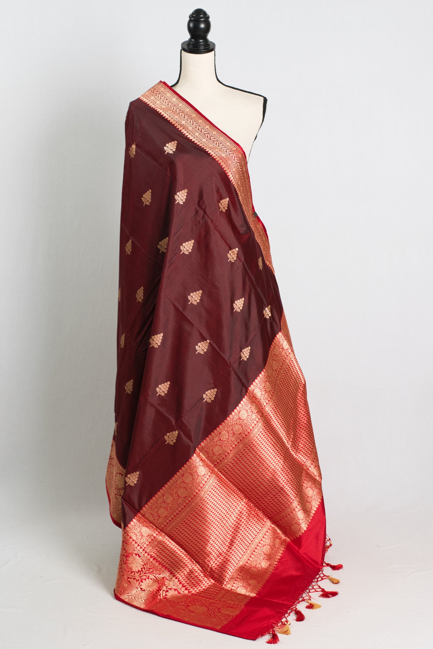 Silk Mark Certified Katan Silk Banarasi Saree with Red Contrast and Golden Zari.