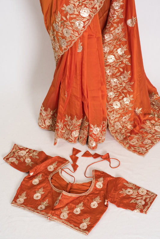 Suman: Rusty Orange Organza Silk Saree with Gota Patti 36 Size Stitched Blouse image 1