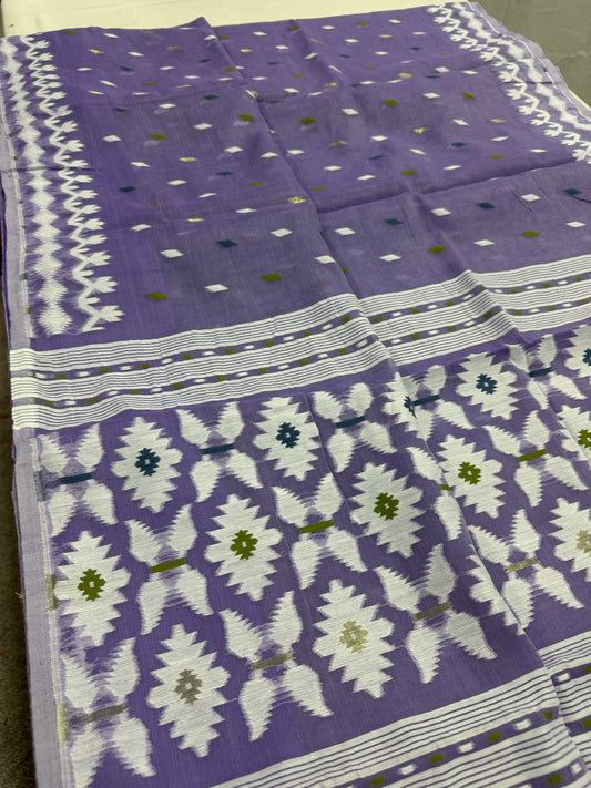 Madhabi : Mauve and White Blended Soft Cotton Jamdani Saree image 0