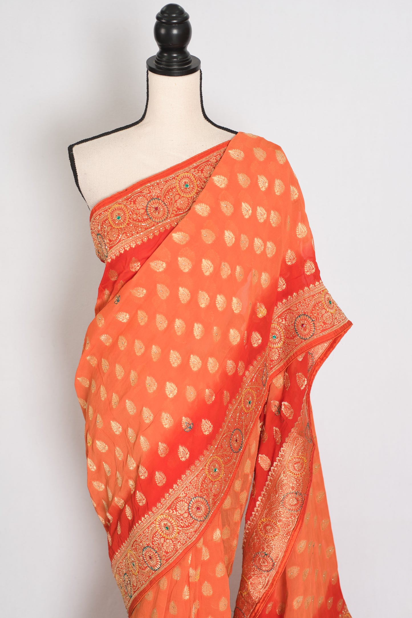 Anisha | Orange Semi Khaddi Georgette Banarasi Saree | Embroidery Work image 6