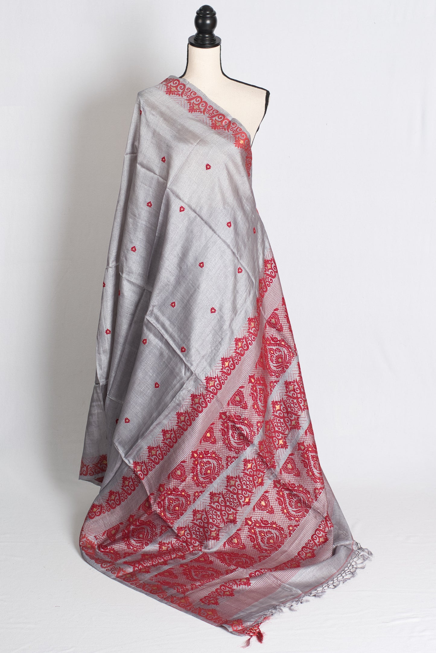 Meera : Bengal Tussar Silk Saree in Steel Gray and Red image 1