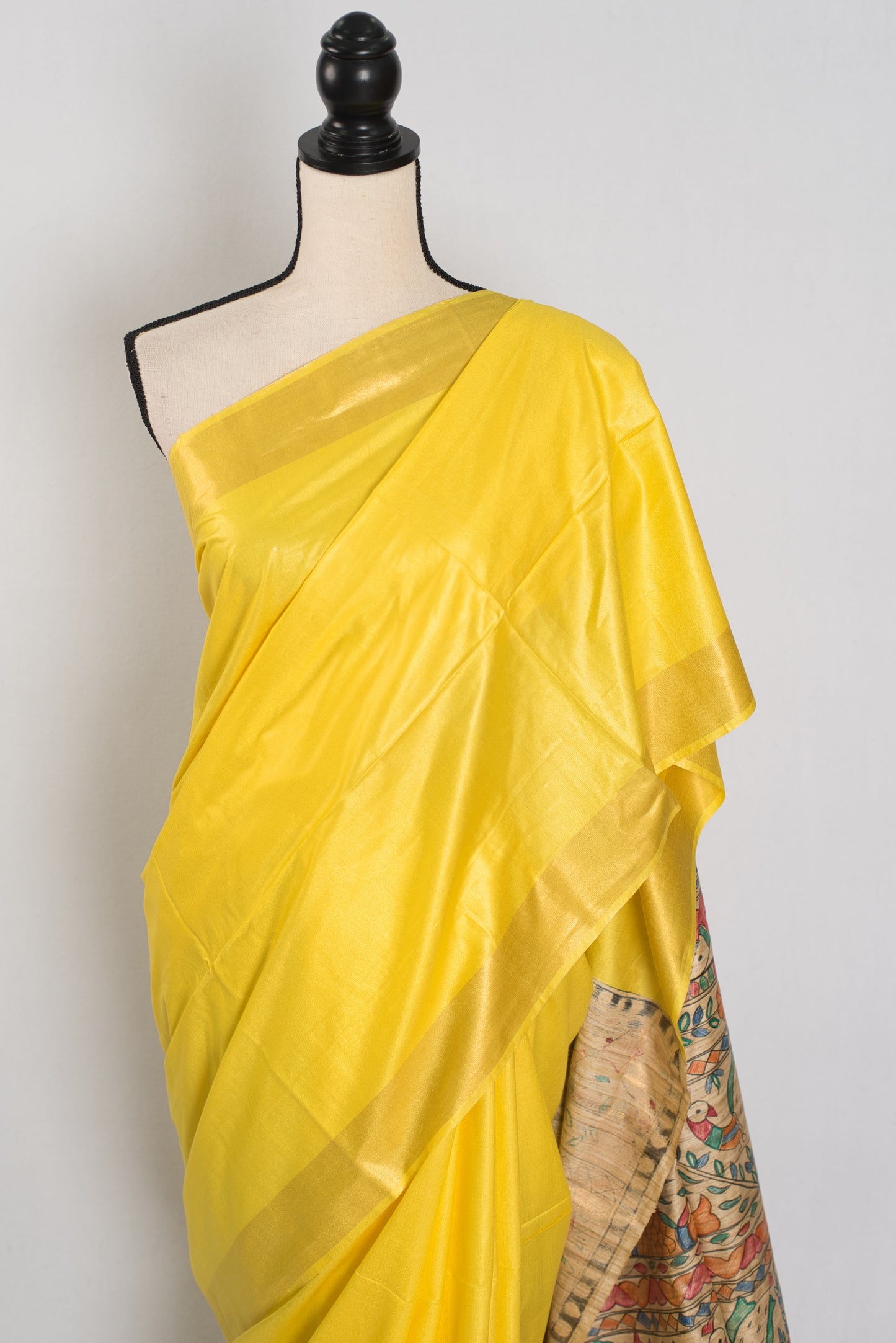 Ragini :Bright Yellow Staple Tussar Saree | Hand-Painted Madhubani Pallu image 6