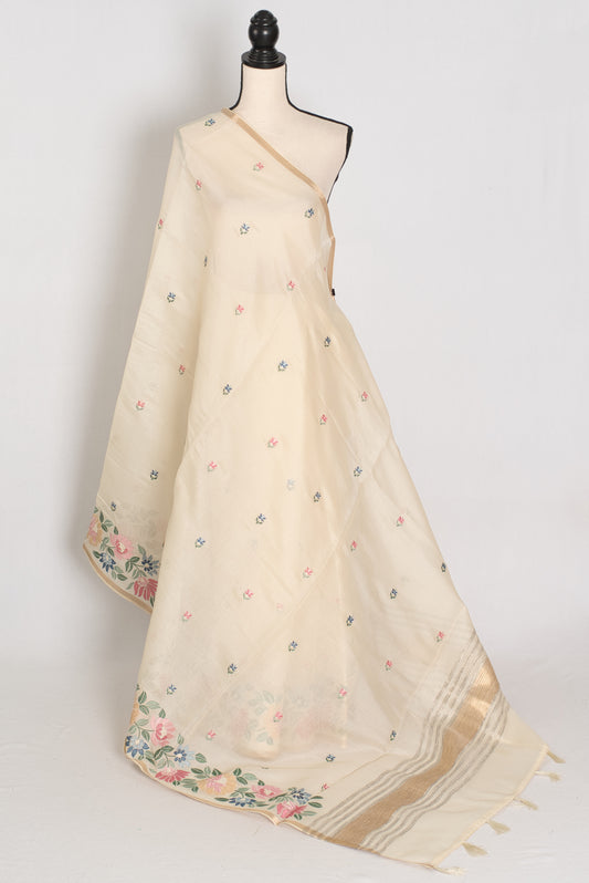 Beige saree with floral patterns on a mannequin against a white background