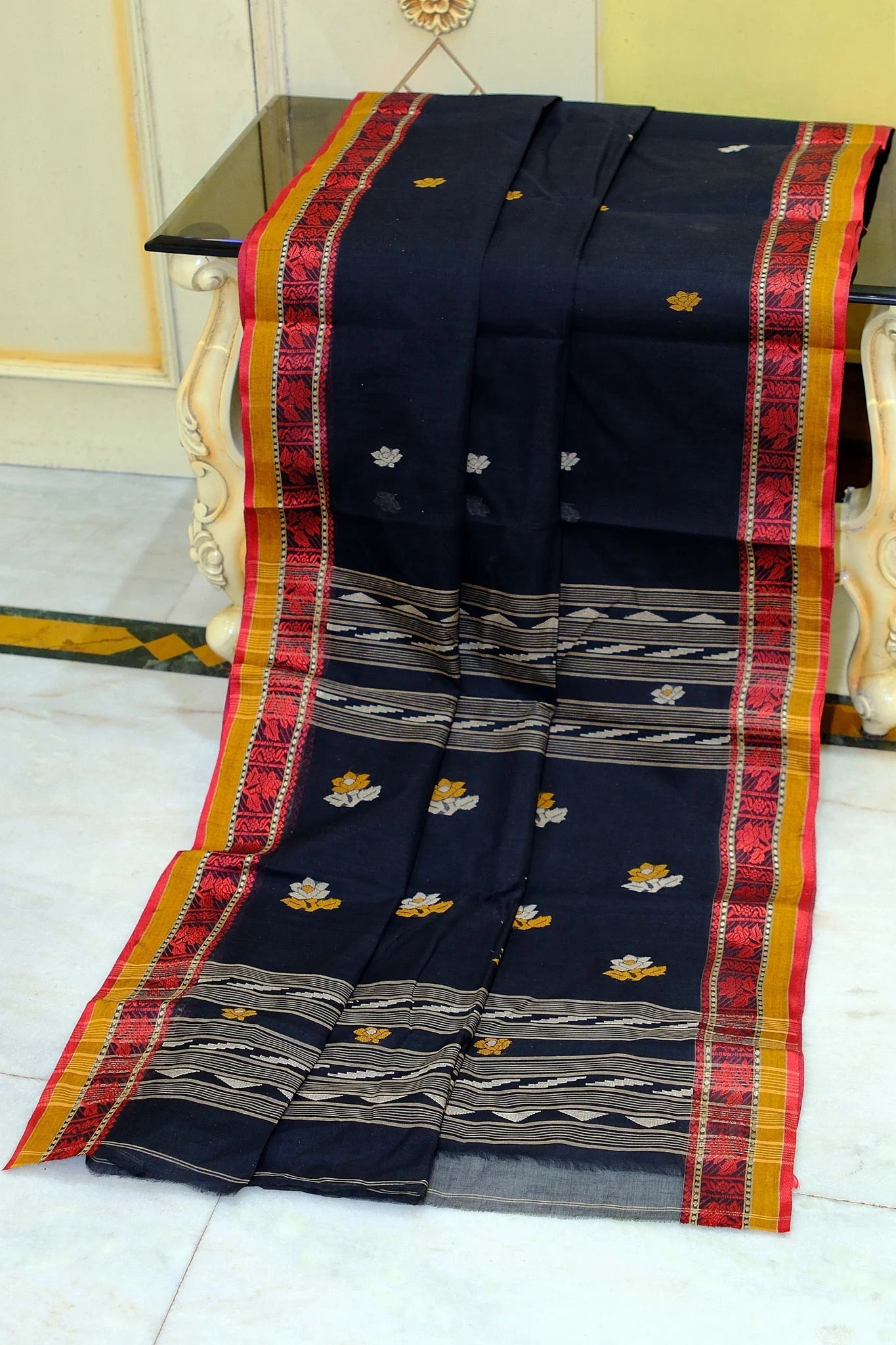 Bengal Handloom Cotton Saree in Black - Bengali Tant Saree Collection.