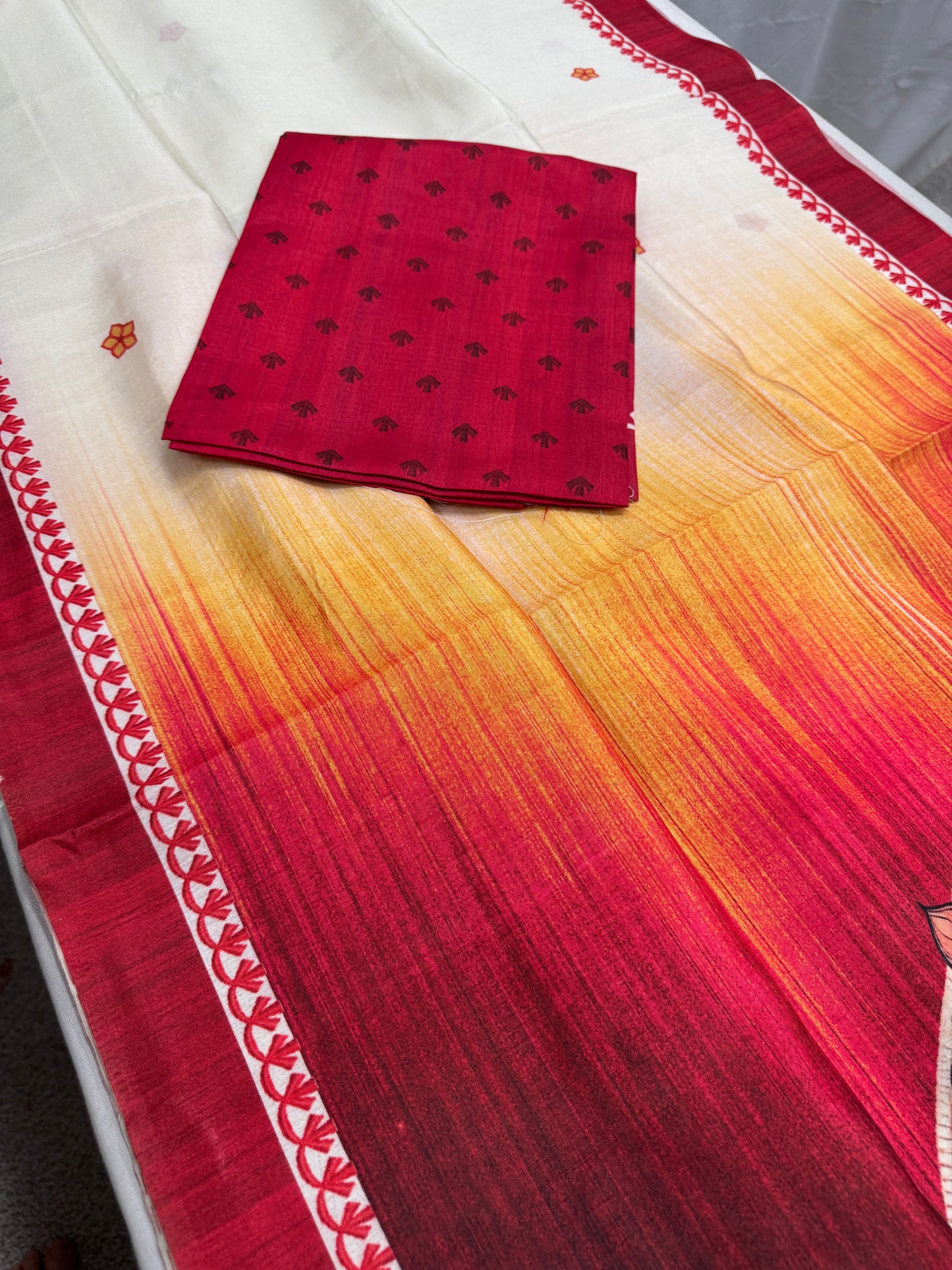 Anandita: Off-White and Red Semi Silk Printed Saree for Durga Puja image 2