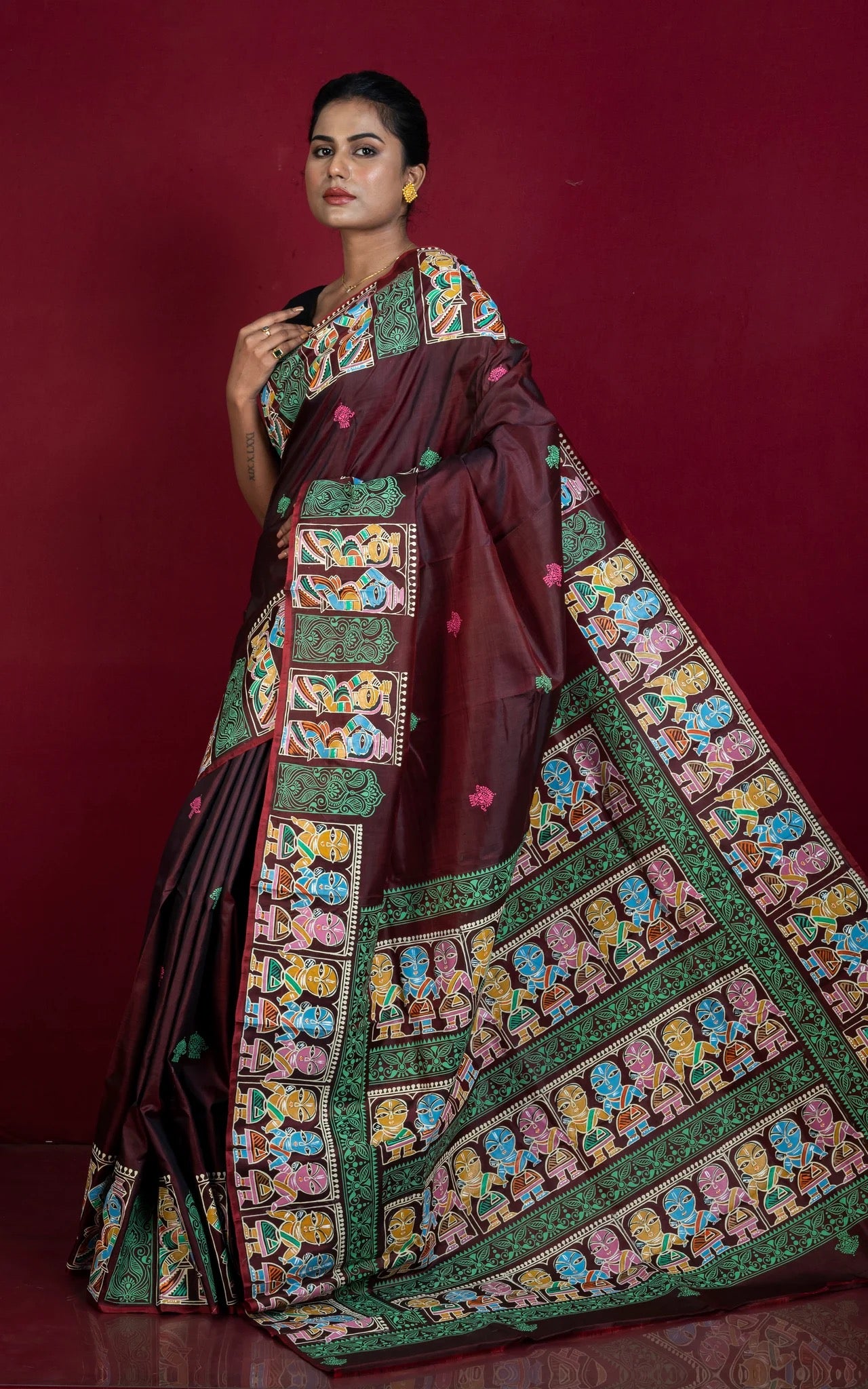 Hand Painted Patachitra Bishnupuri Silk Saree in Garnet Color - Bengali Saree.