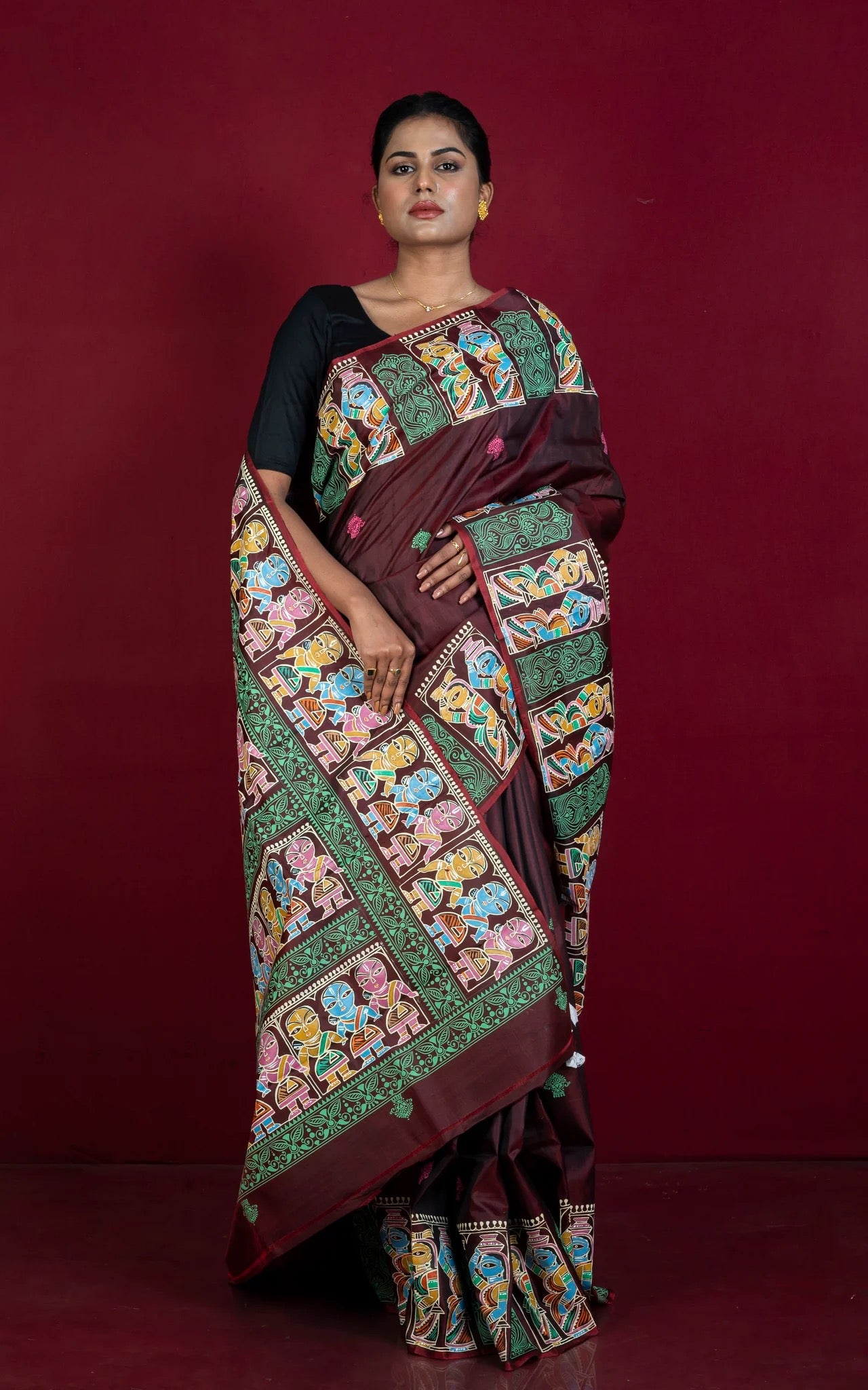 Hand Painted Patachitra Bishnupuri Silk Saree in Garnet Color - Bengali Saree.