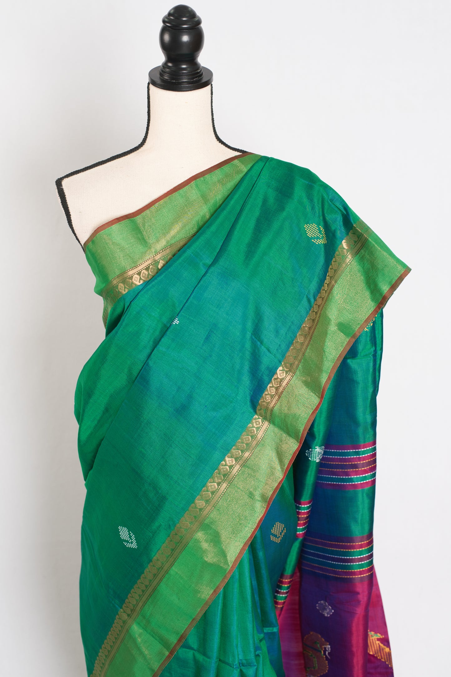 Shalini : Lightweight Bishnupur Katan Silk Saree in Emerald Green and Purple image 6