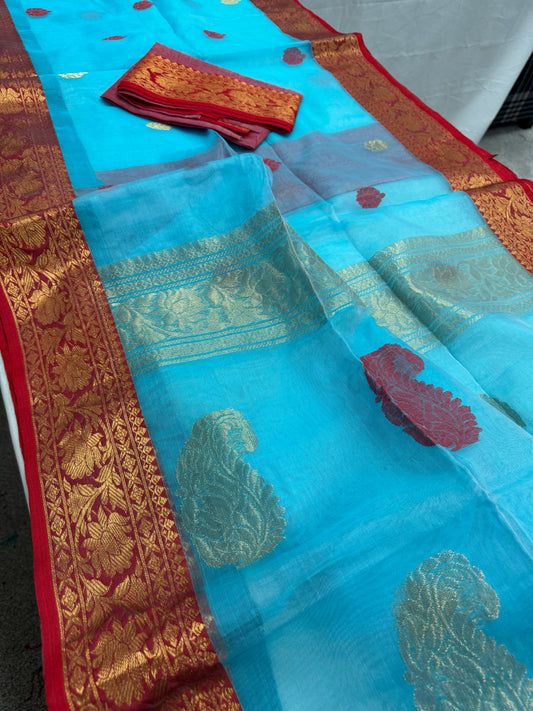 Neelam : Sky Blue and Red Semi Muslin Banarasi Saree image 0
