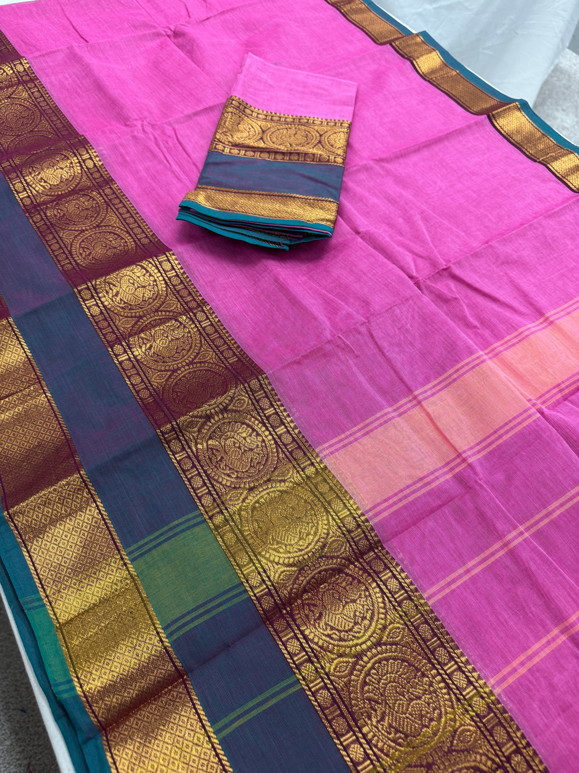 Abira : Handwoven Kanchi Cotton Saree in Pink and Peacock Blue image 1