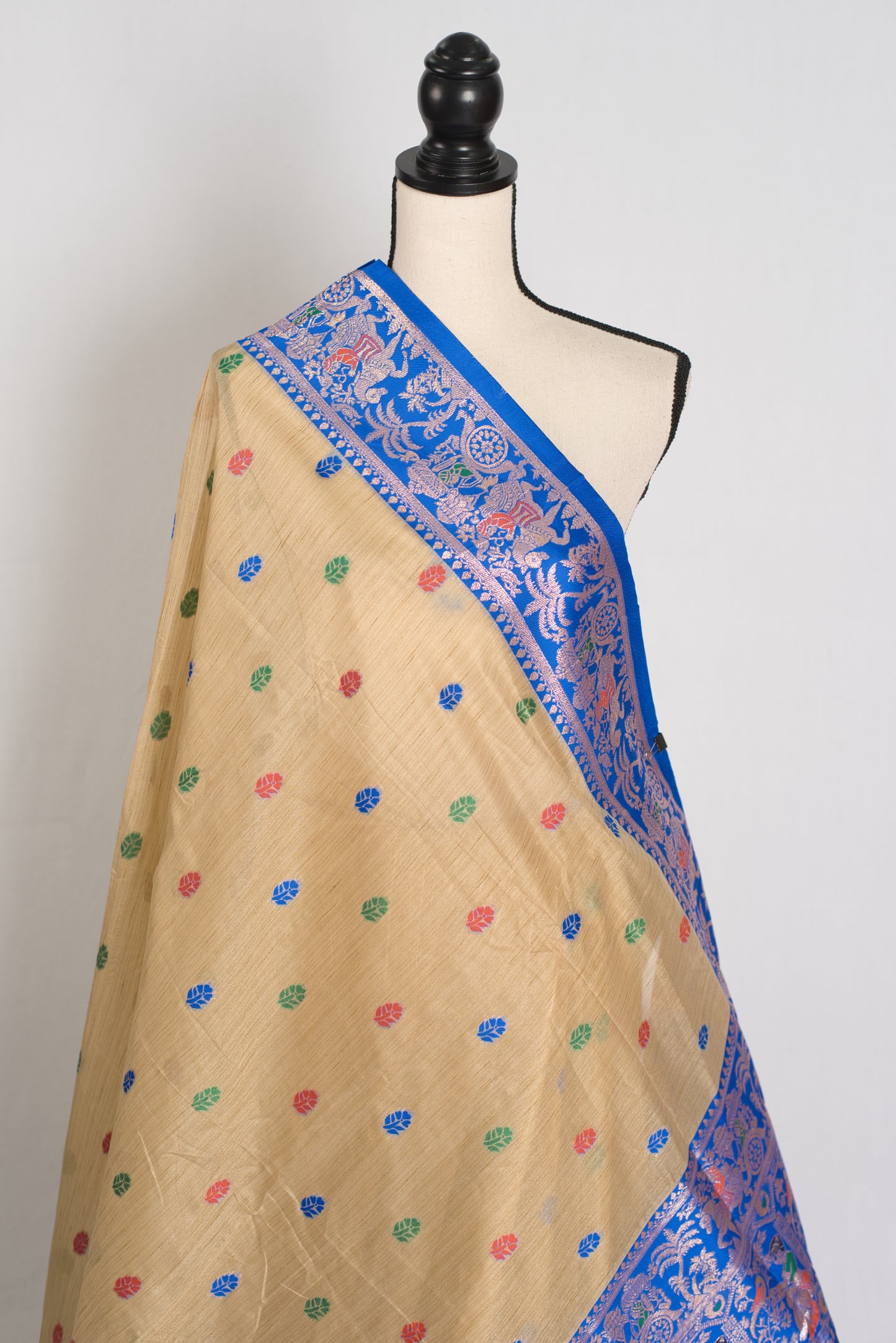 Bristi: Budget Friendly Blended Cotton Baluchari Saree in Beige and Blue image 4