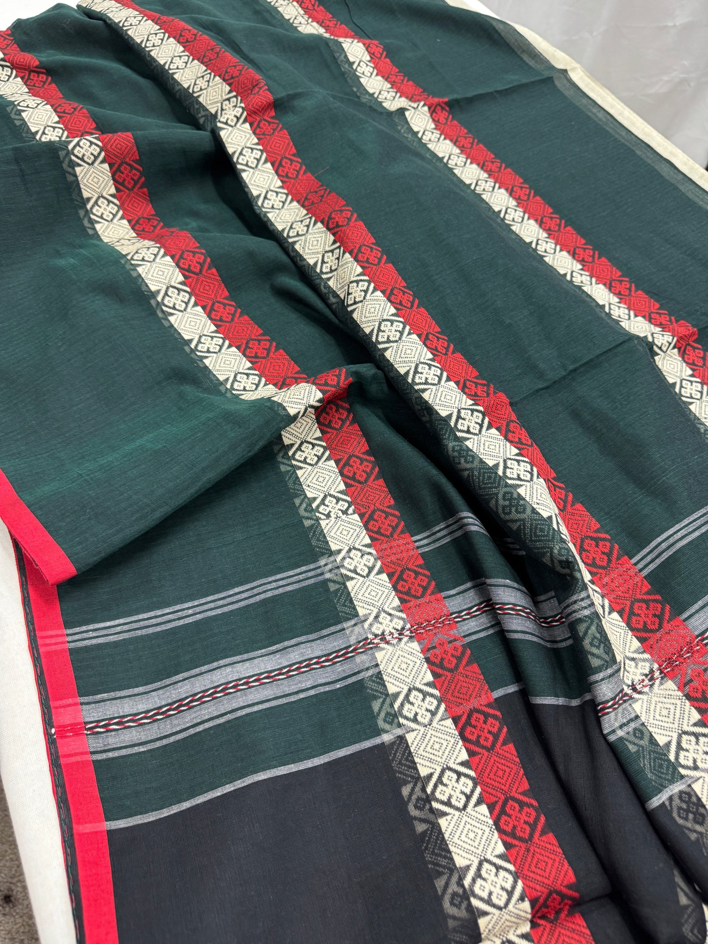 Meadow Melody : Green Horizontal Stripe Bengali Soft Cotton Dhanekhali Saree image 2