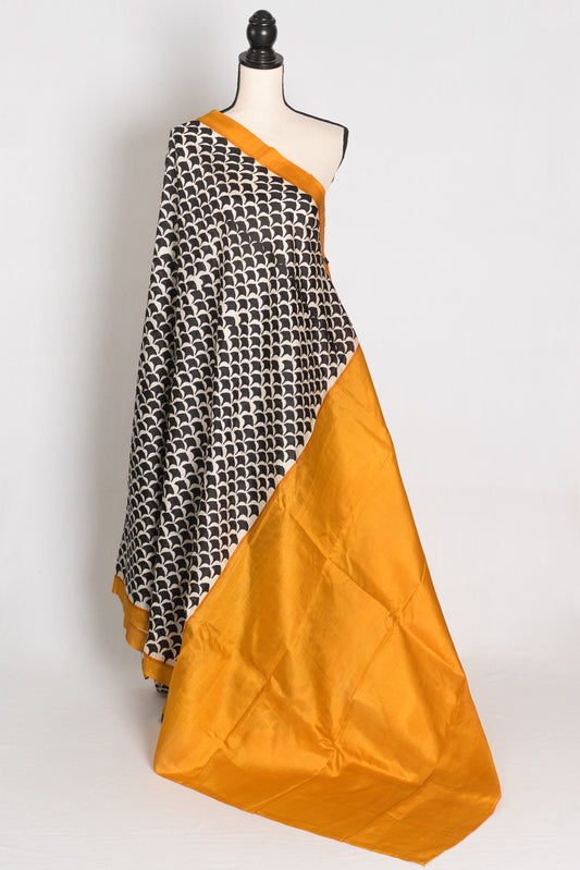 Sandhya : Black and Off-White Geometric Printed Murshidabad Pure Silk Saree image 1