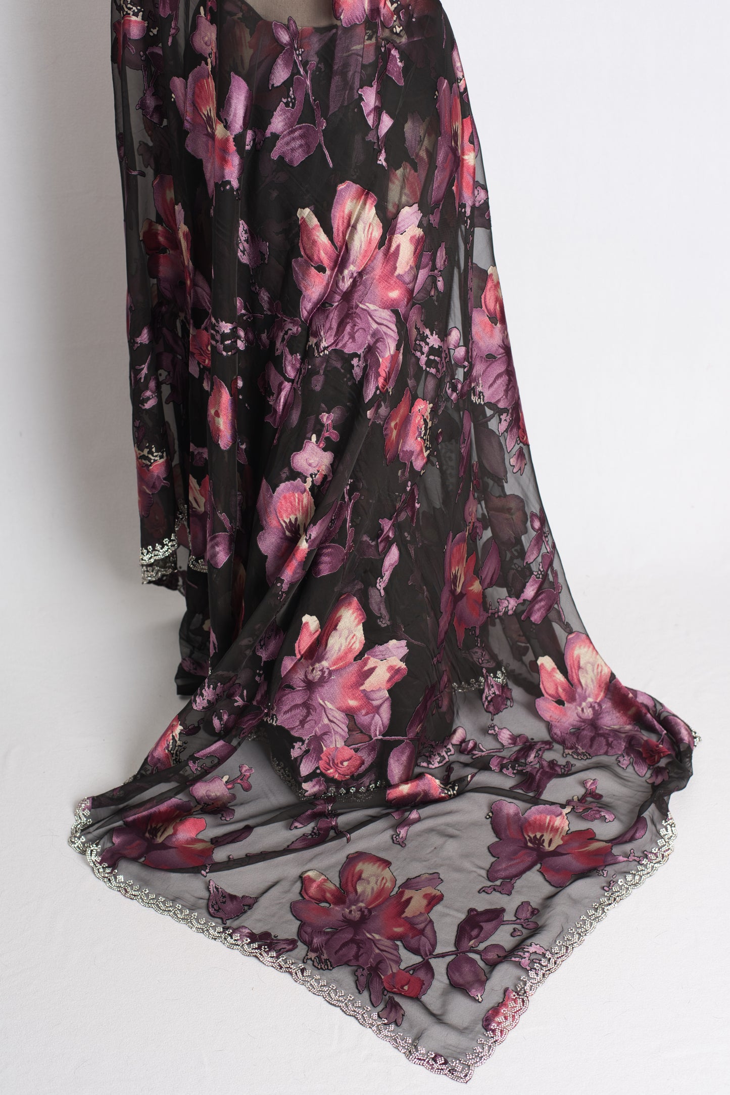 Velvet Mist - Black Floral Brasso Saree with Feather-light Drape image 4