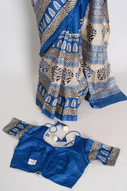 Mati Blue and White Hand Block Printed Tussar Silk Saree with 38 Size Blouse image 1