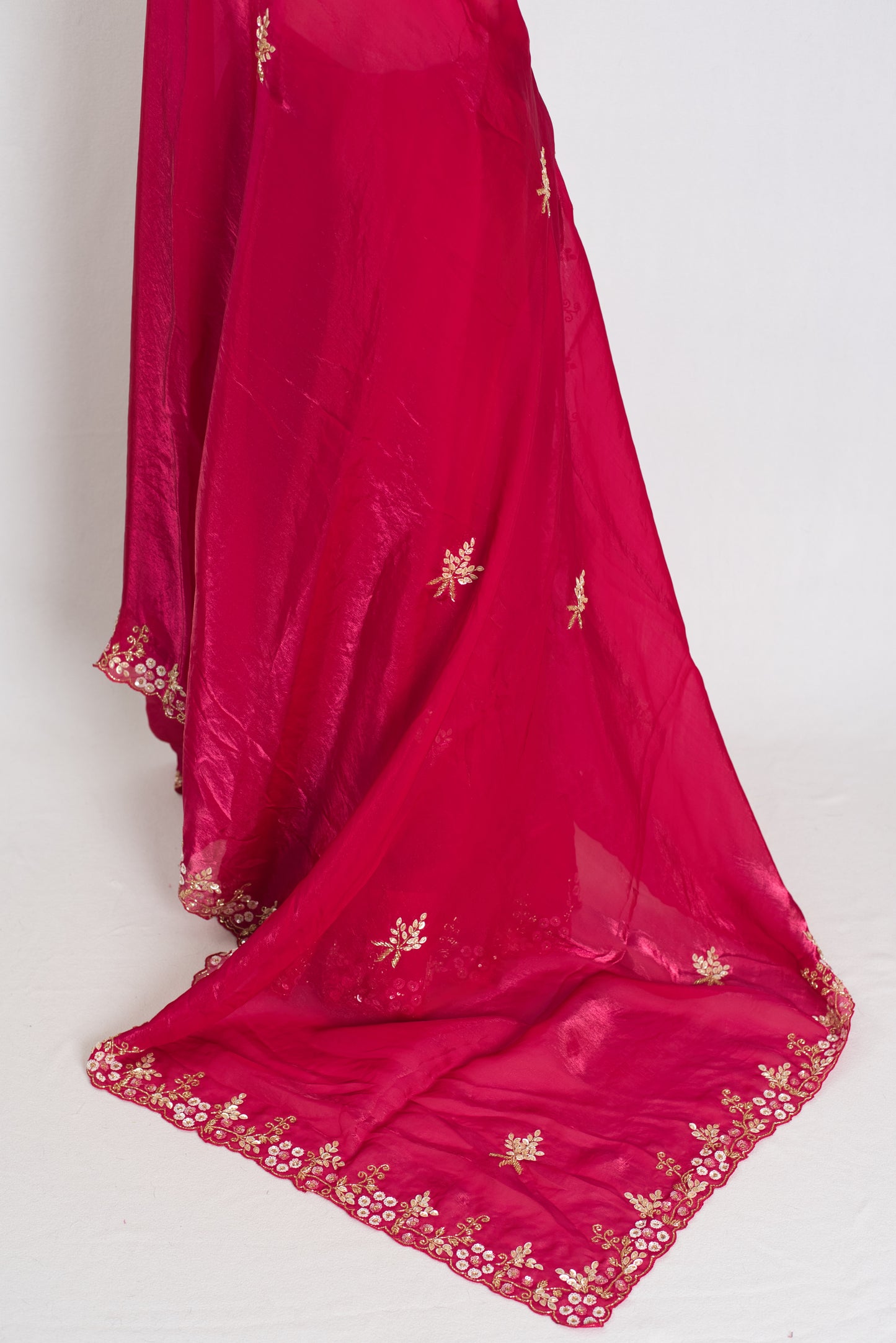 Devina : Rani Pink Soft Glass Tissue Hand Embroidery Partywear Saree image 4