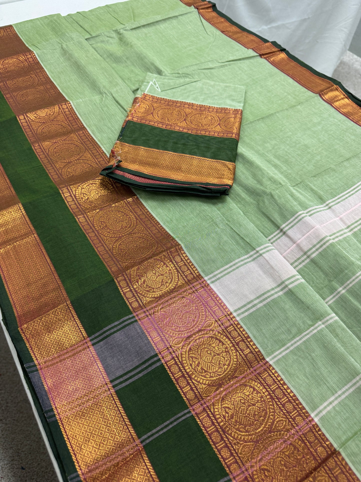 Girija : Handwoven Kanchi Cotton Saree in Mint Green with Green image 1