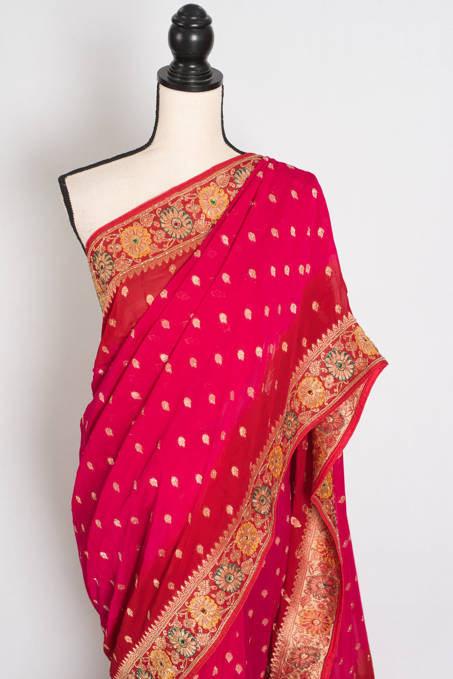 Nadira | Dark Pink & Red Crepe Georgette Banarasi Saree | Hand-Embroidery image 6