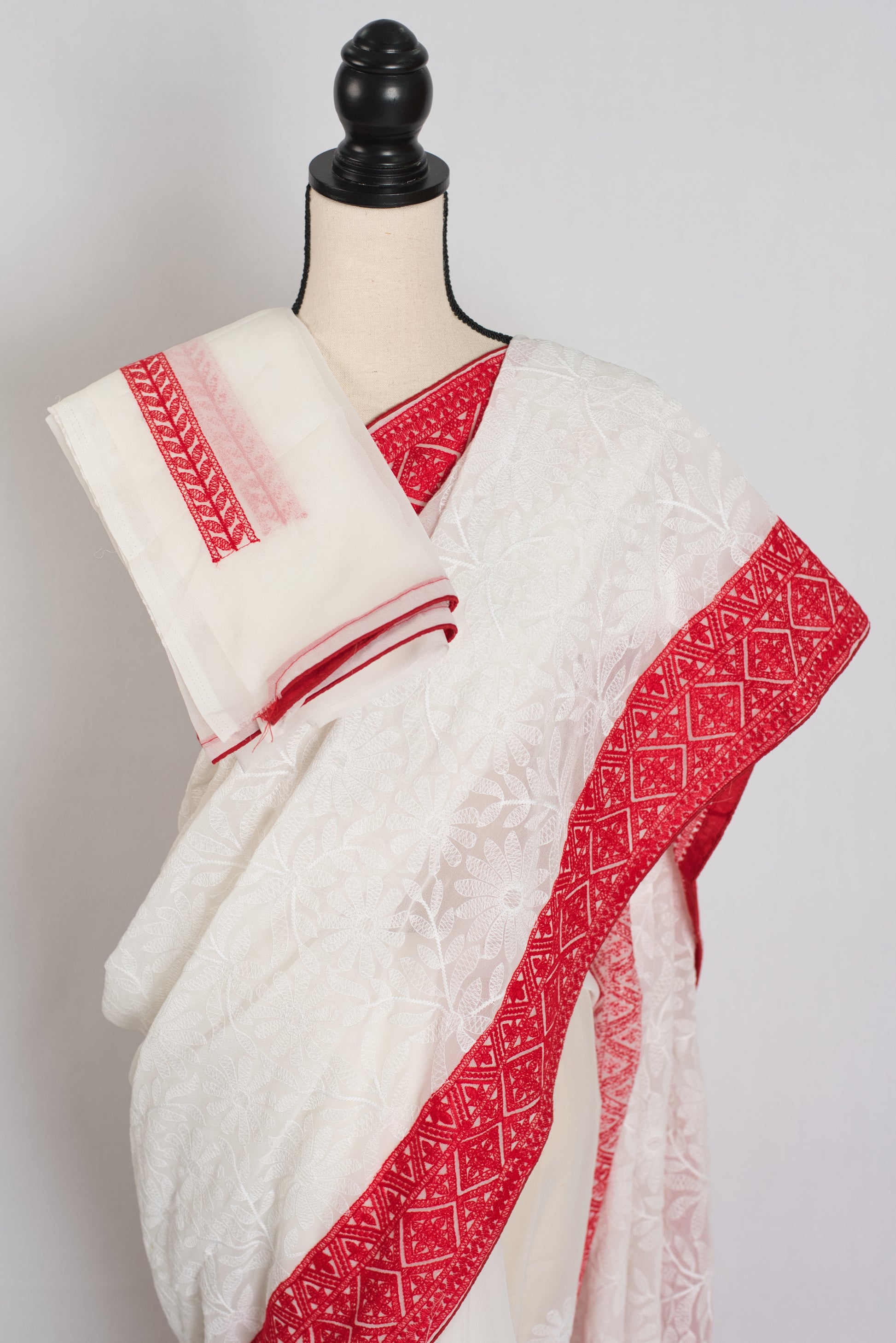 Sakuntala : White and Red Semi Georgette Embroidery Designer Saree image 2