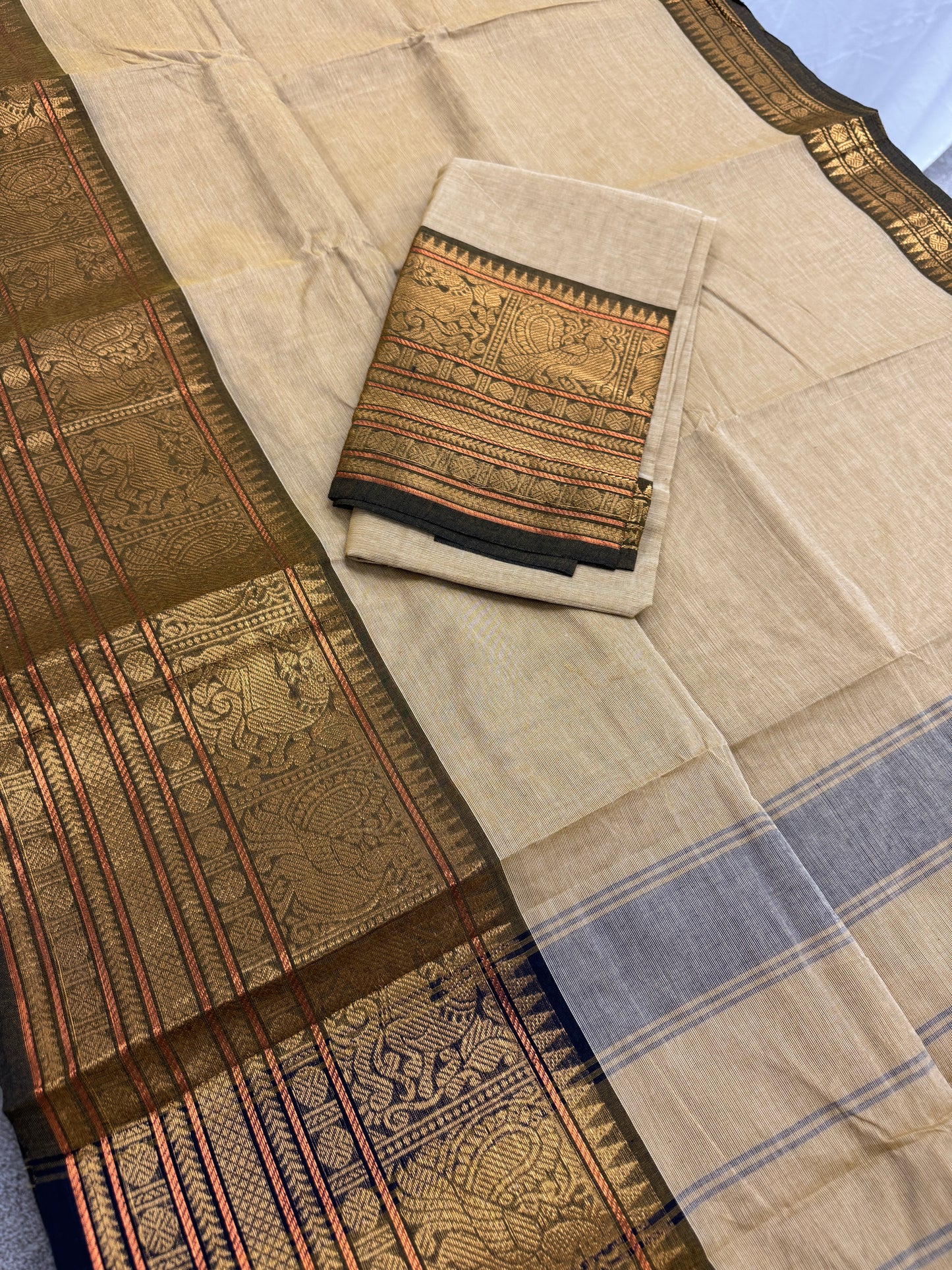 Sanvi : Handwoven Kanchi Cotton Saree in Light Brown and Henna Green image 1