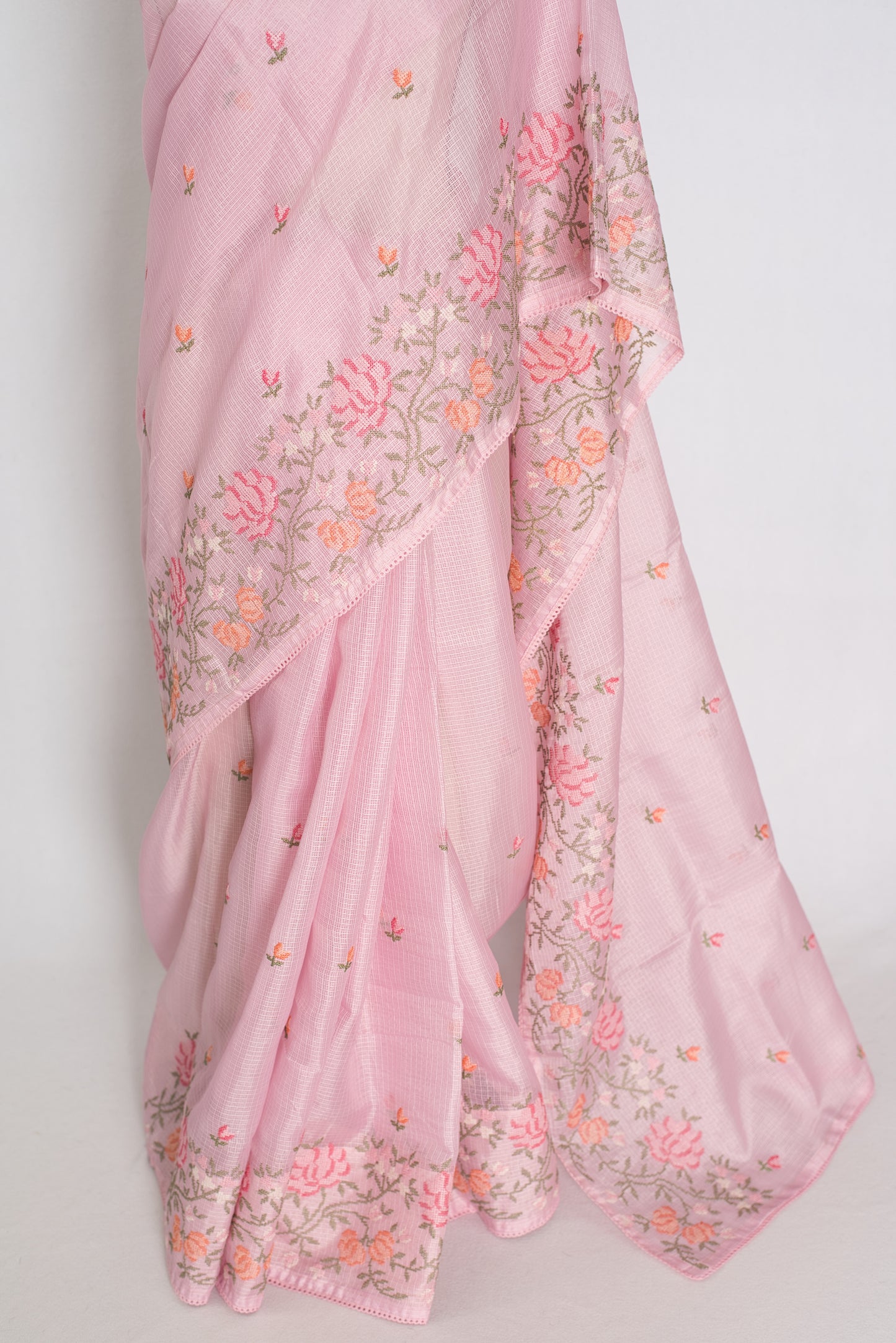 Priya | Baby Pink Blended Kota Silk Saree | Floral Cross Stitch Embroidery image 6
