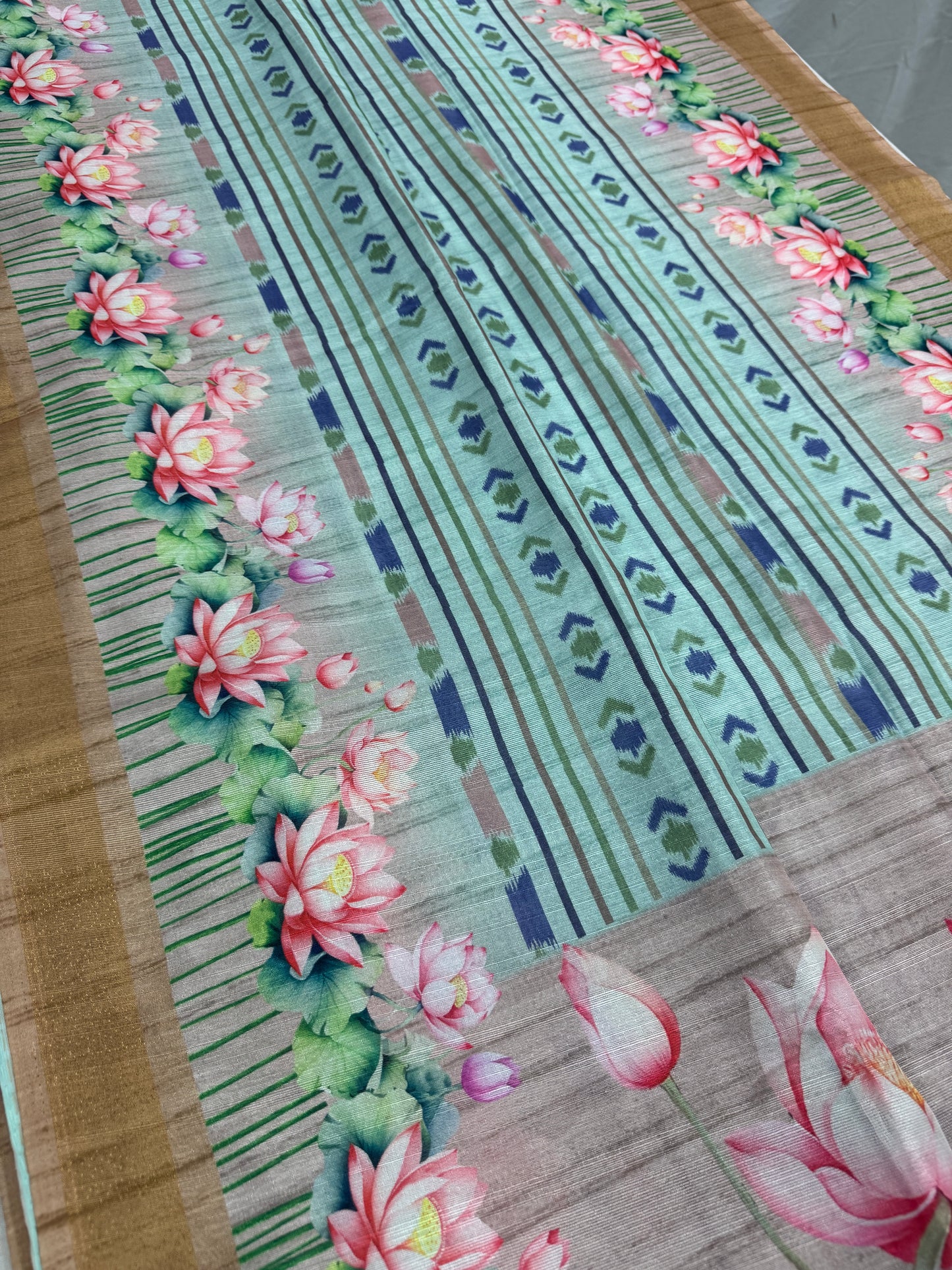 Soma | Sea Green & Earthy Brown Ikkat Fusion Semi Tussar Saree image 5