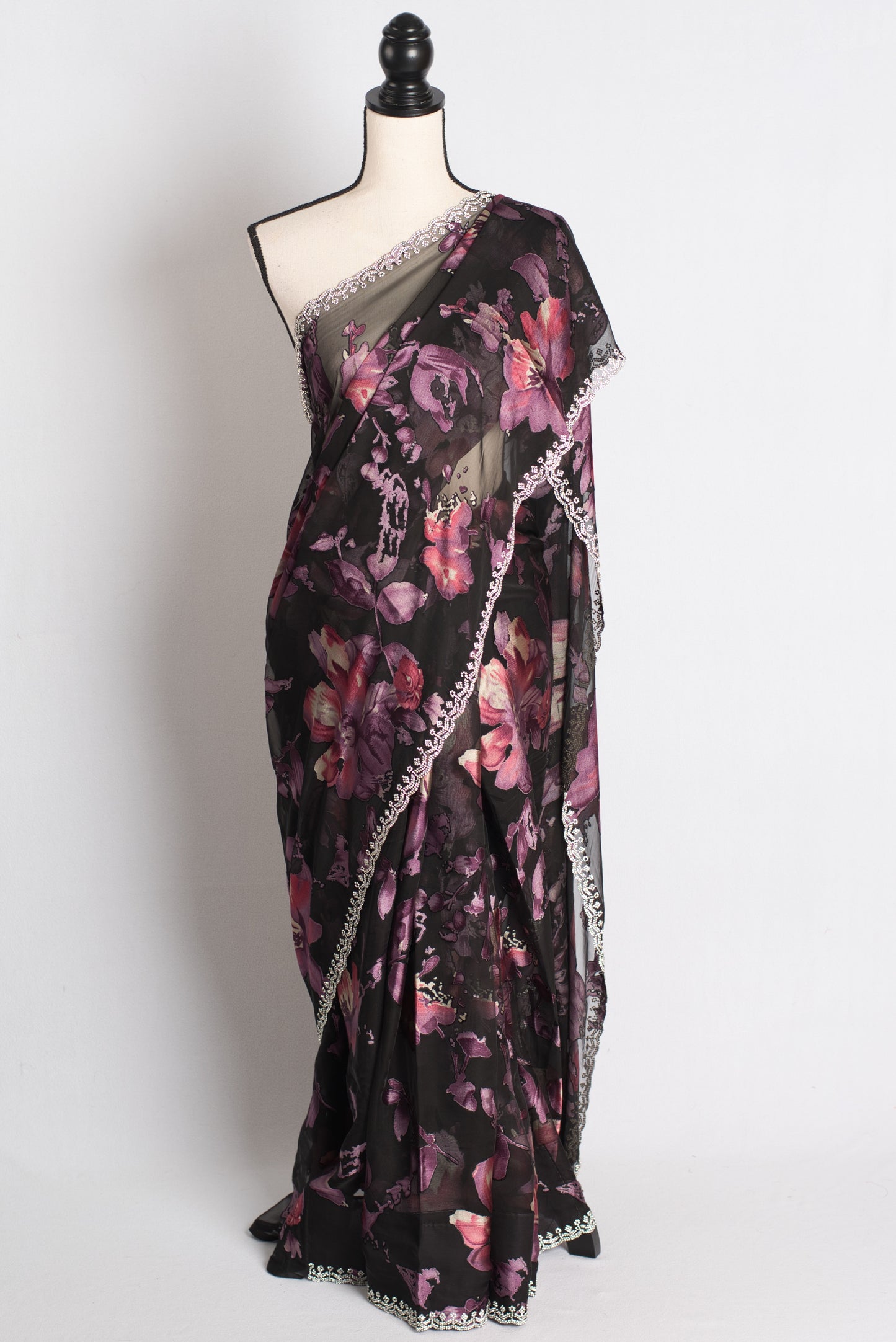 Velvet Mist - Black Floral Brasso Saree with Feather-light Drape image 0