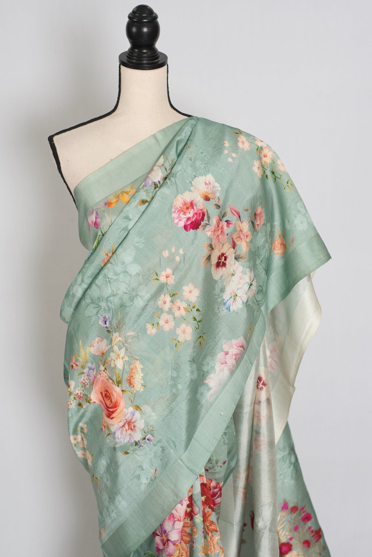 Soma : Sea Green Floral Banarasi Katan Silk Saree with 40 Size Stitched Blouse image 7
