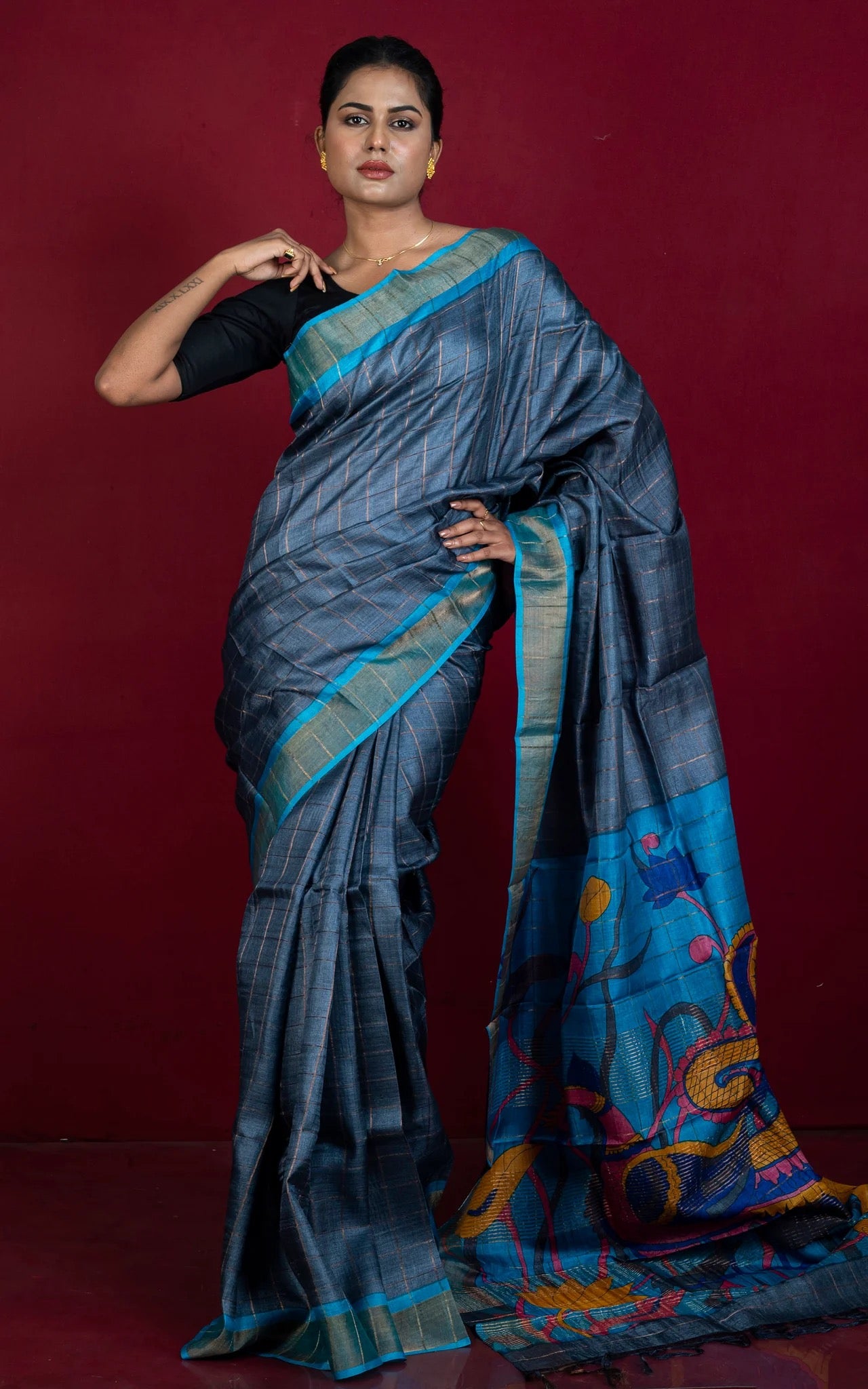 Kalamkari Printed Tussar Silk Saree in Gray and Blue - Bengali Saree.