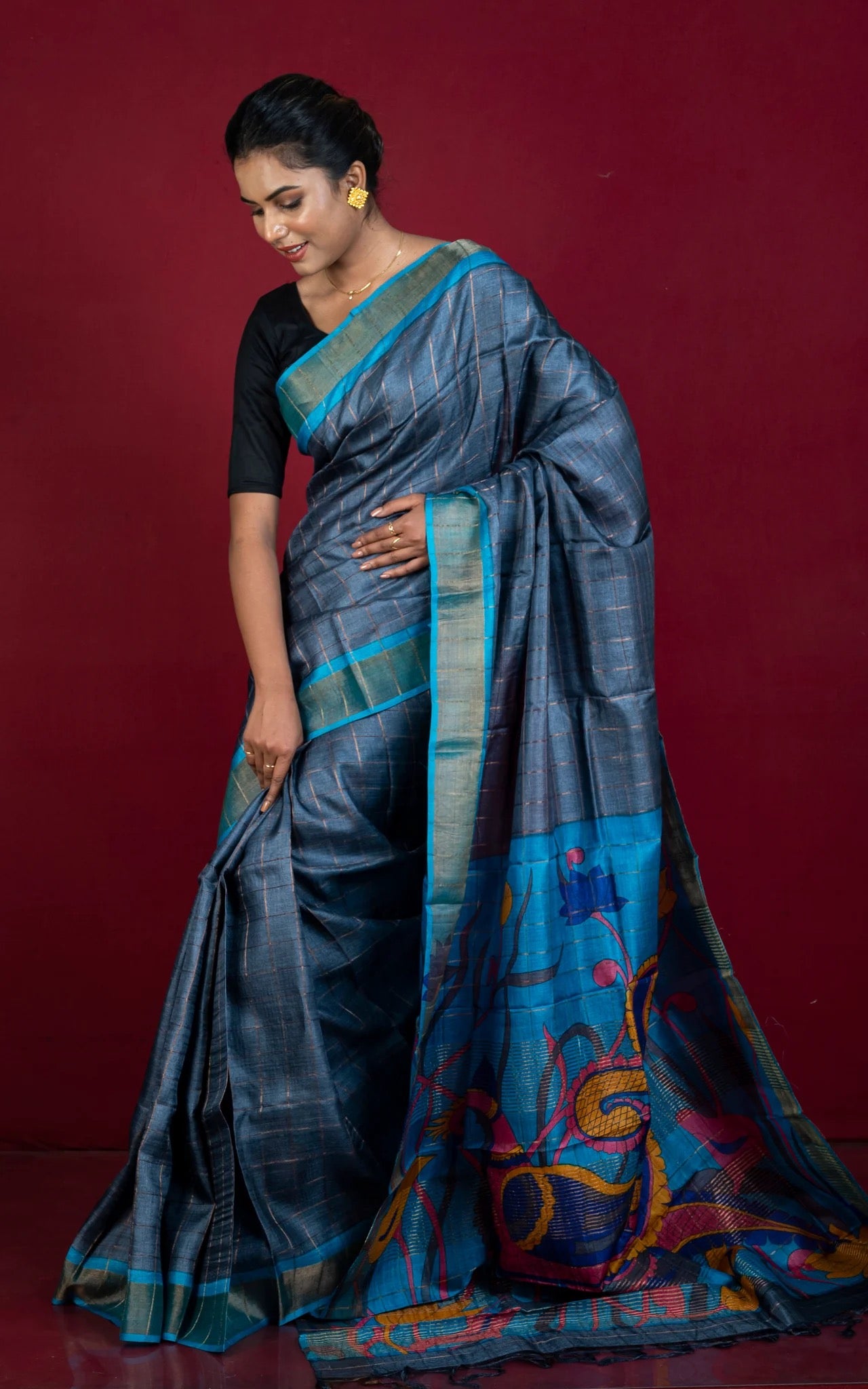 Kalamkari Printed Tussar Silk Saree in Gray and Blue - Bengali Saree.