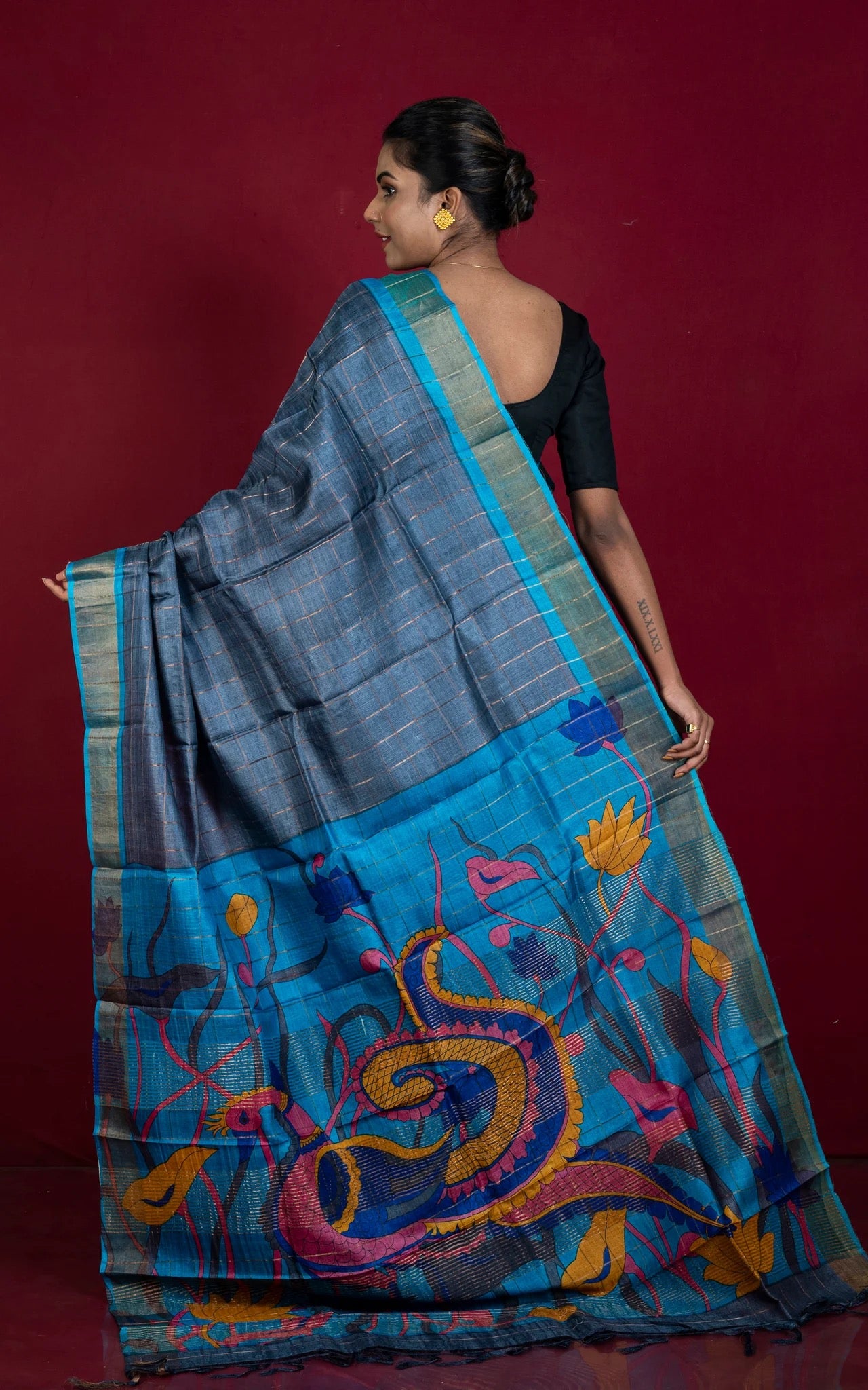 Kalamkari Printed Tussar Silk Saree in Gray and Blue - Bengali Saree.
