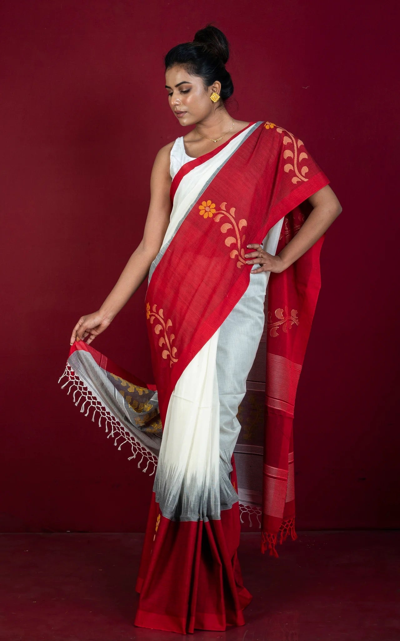 Off White and Dark Red Soft Cotton Saree - Bengali Saree Collection.