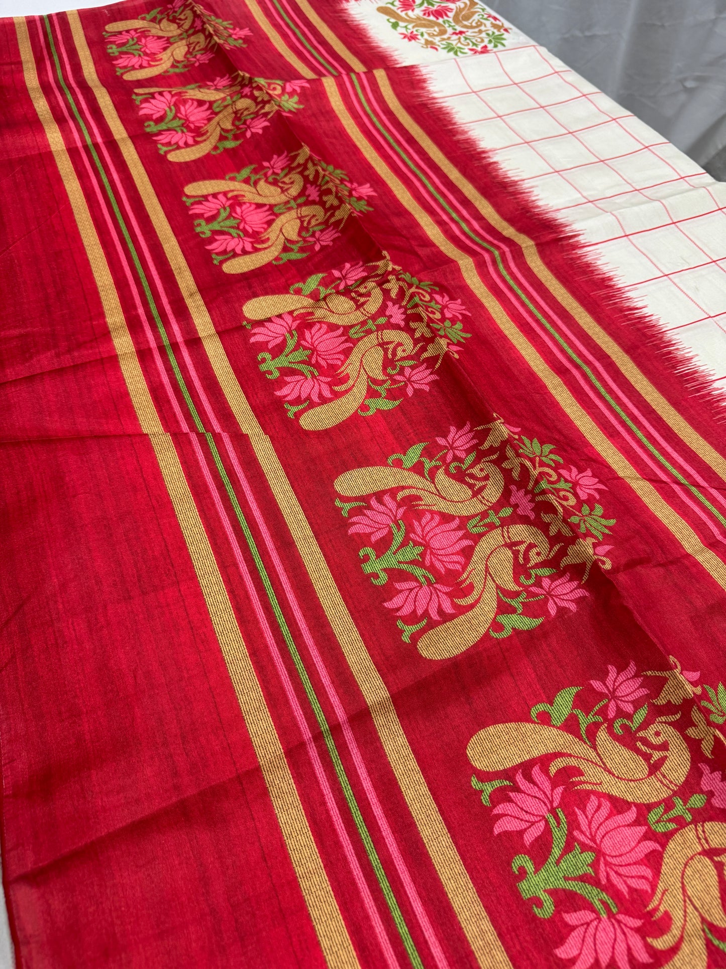 Aparajita : Off-White and Red Semi Silk Printed Saree for Durga Puja image 3