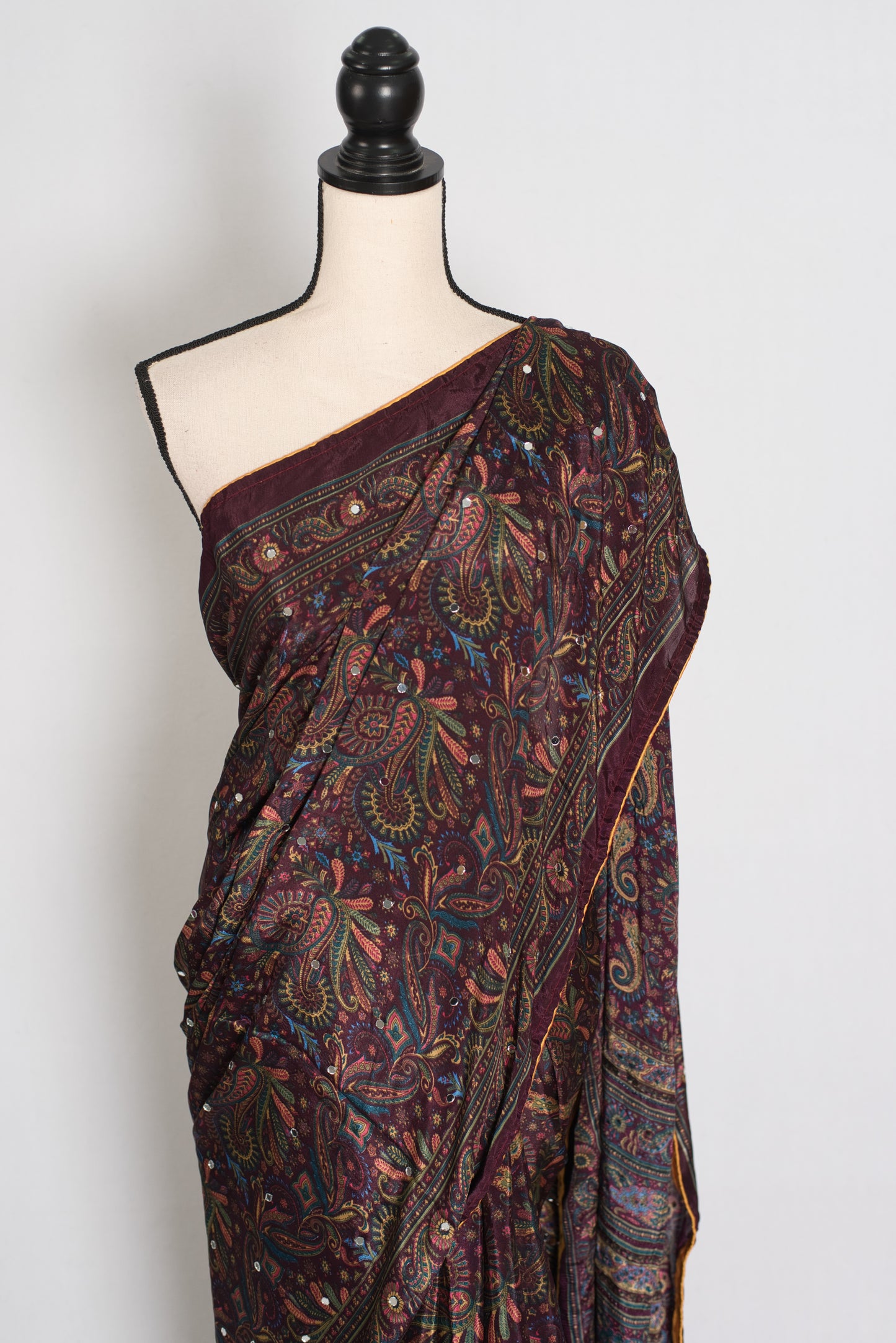 Nirja | Purple Kalamkari Printed Mirror Work Saree | Soft Semi Modal Silk image 6
