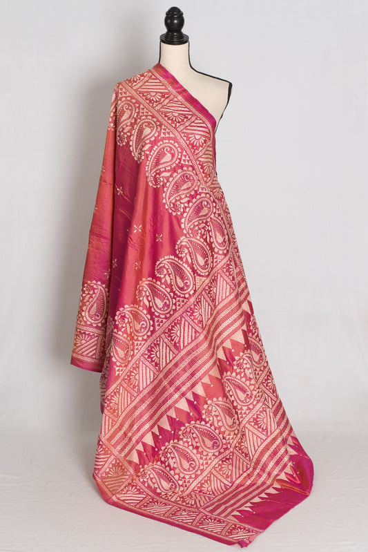 Mitra : Coral Pink Hand Embroidered Kantha Stitch Pure Bangalore Silk Saree image 1